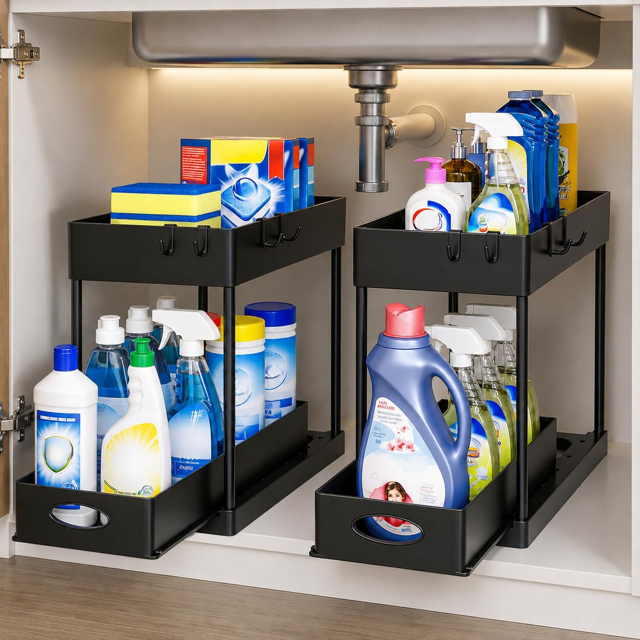 Under Sink Storage 2 Pack, 2 Tier Pull Out Under Sink Organisers with 4 Hooks, Sliding Kitchen Cupboard Organiser for Cleaning Products, Black 39.37 x 21.6 x 38.1 cm
