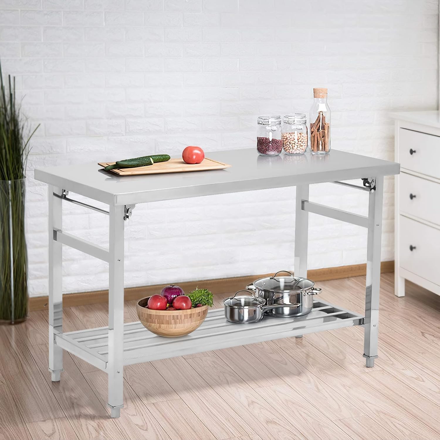 Garvee Mesa De Comedor Plegable De Acero Inoxidable: Mesa De Preparación Comercial De Dos Niveles, Resistente, con Estante Inferior Ajustable, Ruedas Bloqueables, Capacidad De 400 kg