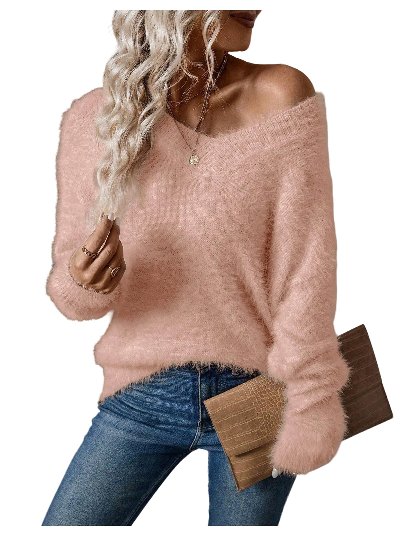 SOLY HUX Womens Fuzzy Sweater V Neck Long Sleeve Pullover Casual Knitted Jumper Tops