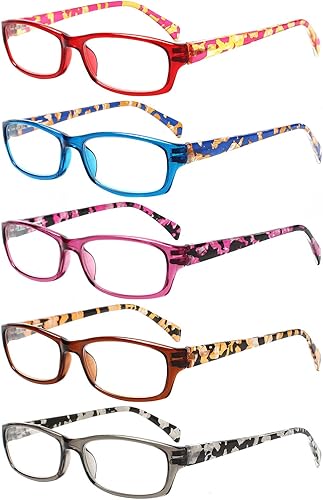 Kerecsen - Lentes de lectura, 5 pares de lentes para mujer, estilo moderno, con bisagra de resorte y diseño estampado (colores surtidos, -3, 5.00)