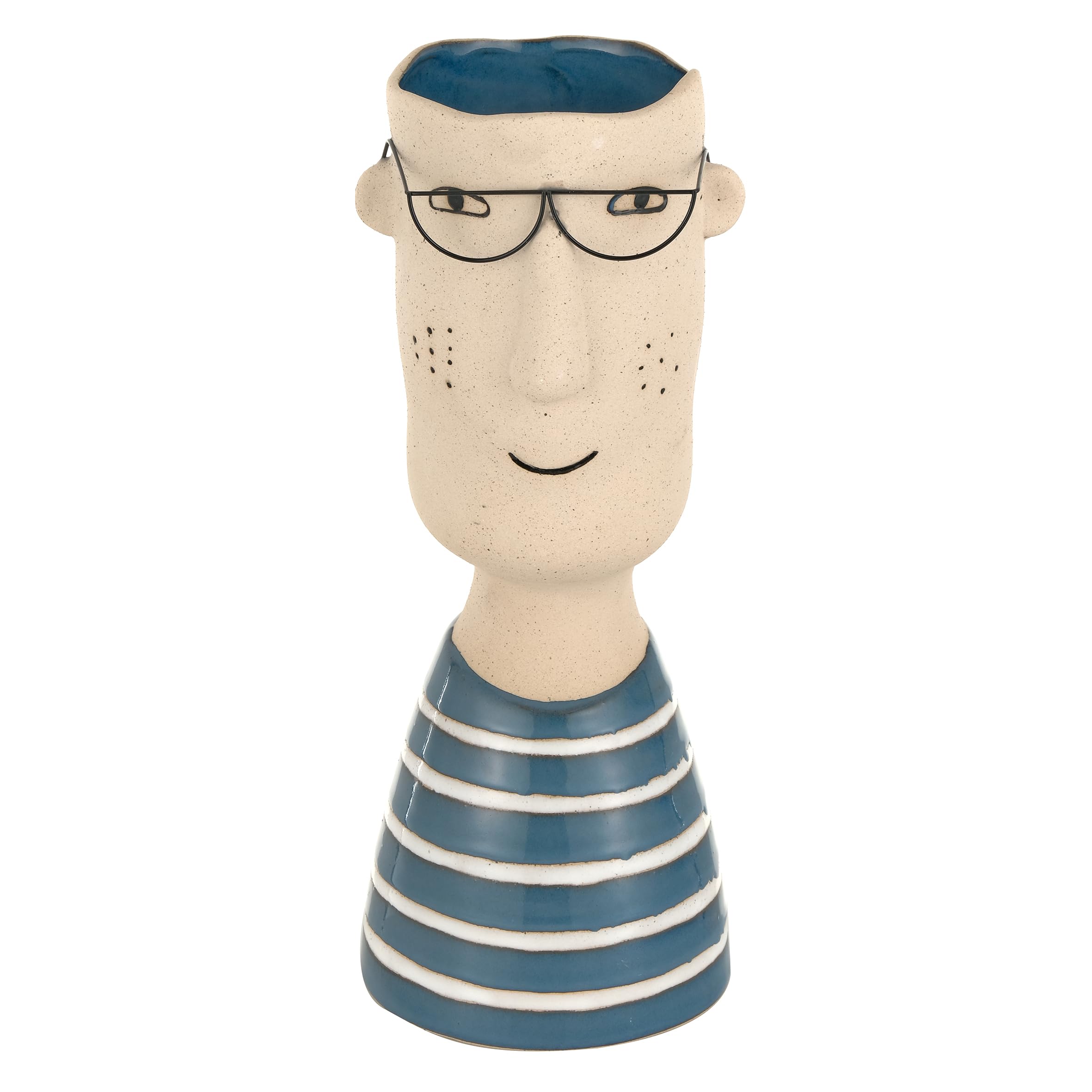 Baroni Home Vaso in Ceramica di Design con Volto, Soprammobile Moderno Dipinto a Mano, Vaso per piante da Interno o Esterno, Boy con Occhiali Blu, 13X12X33 cm