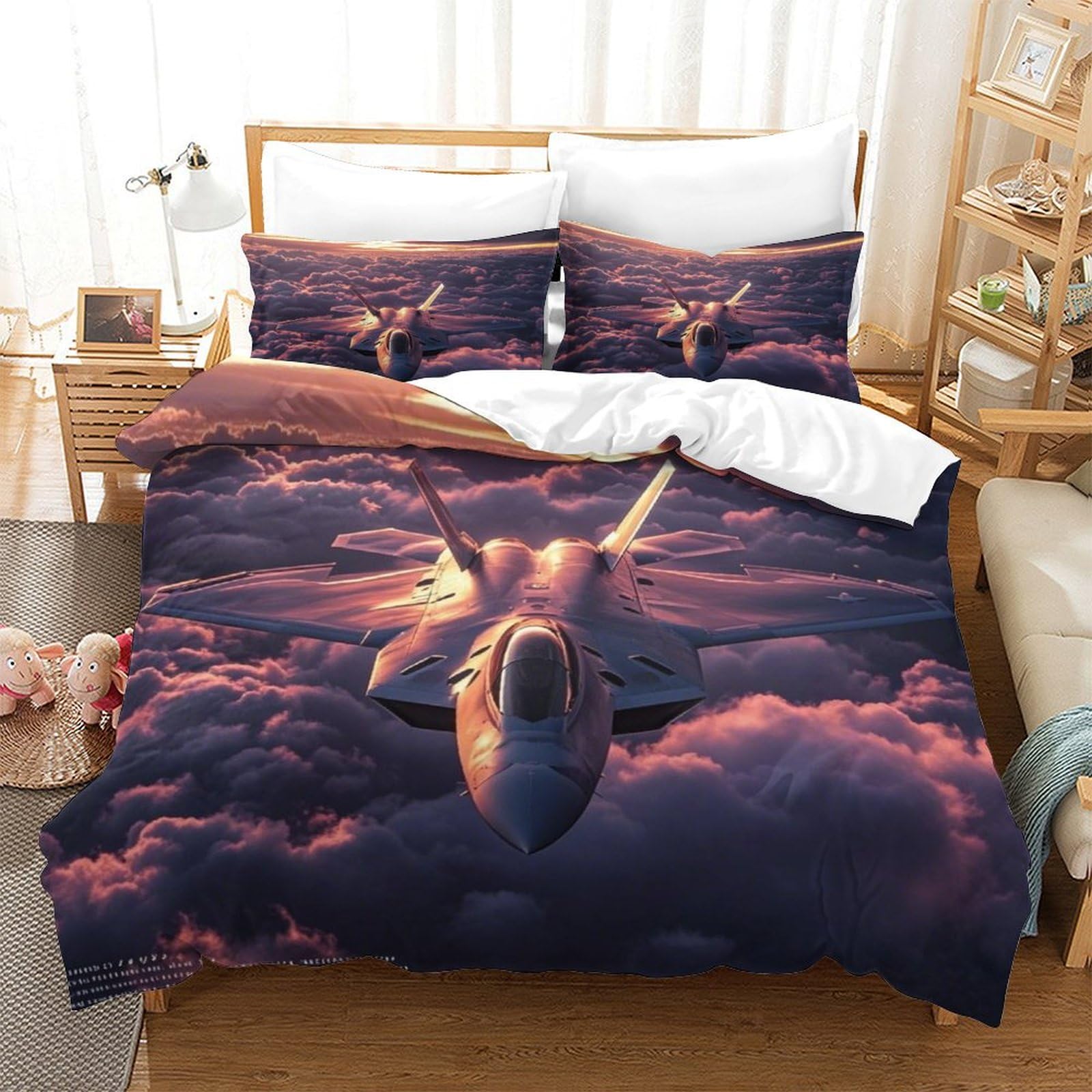 XiaopangXY F22 Fighter Jet Warmth Quilt Cover Set Hidden Zipper Duvet Cover Set with Pillowcases Warplane Bed Linen Set Soft Microfiber Comforter Cover for Kids Adults Double（200x200cm）