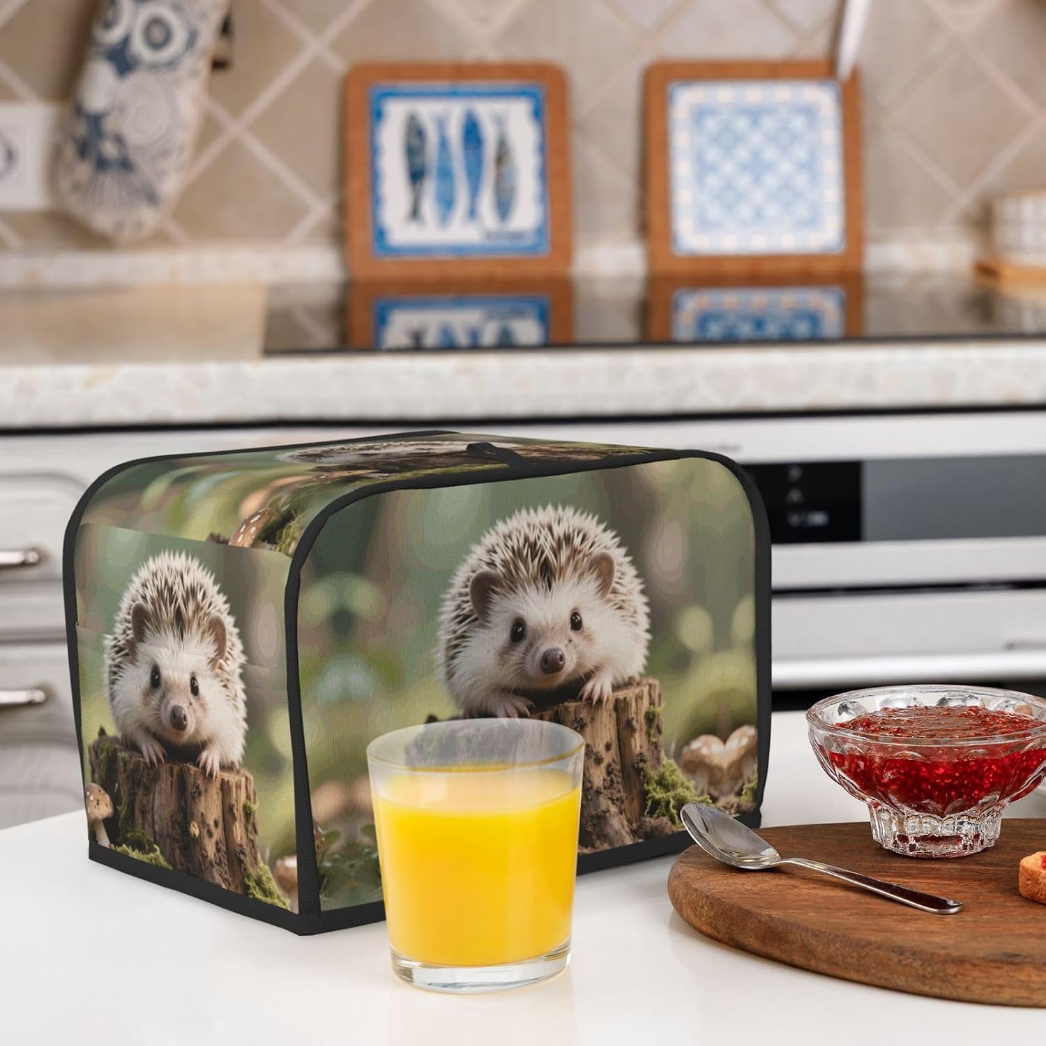 lovely little hedgehog Toaster Cover 2 Slice, Waterproof Bread Machine Covers with Pockets Universal Size Kitchen Small Appliance Cover with Handle, Dust and Fingerprint Protection