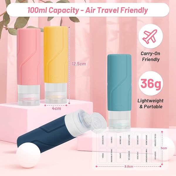 Alyvisun 4 Pezzi Flaconi da Viaggio in Silicone, [Ricaricabili & Anti-Perdita] Contenitori Viaggio Liquidi, Boccette da Viaggio 100ml per Shampoo, Lozione, Cosmetici - 2