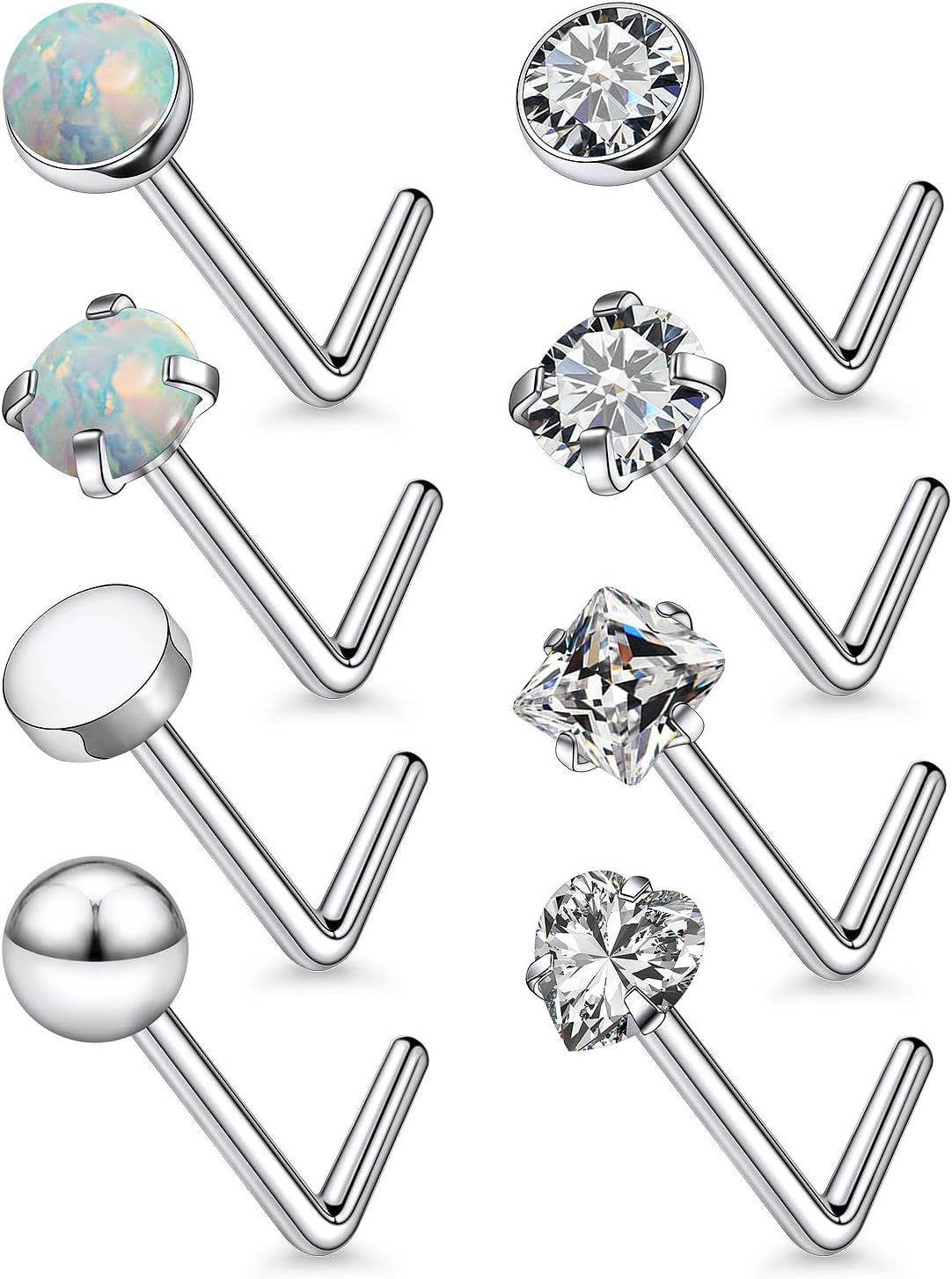 18G 20G 22G Astm F136 Titanium Nose Rings Studs Piercing Jewelry for Women Men Round Heart Square Cubic Zirconia Nose Rings Opal Nostril Ring Piercing Jewelry Top Flat Ball 3mm 8PCS
