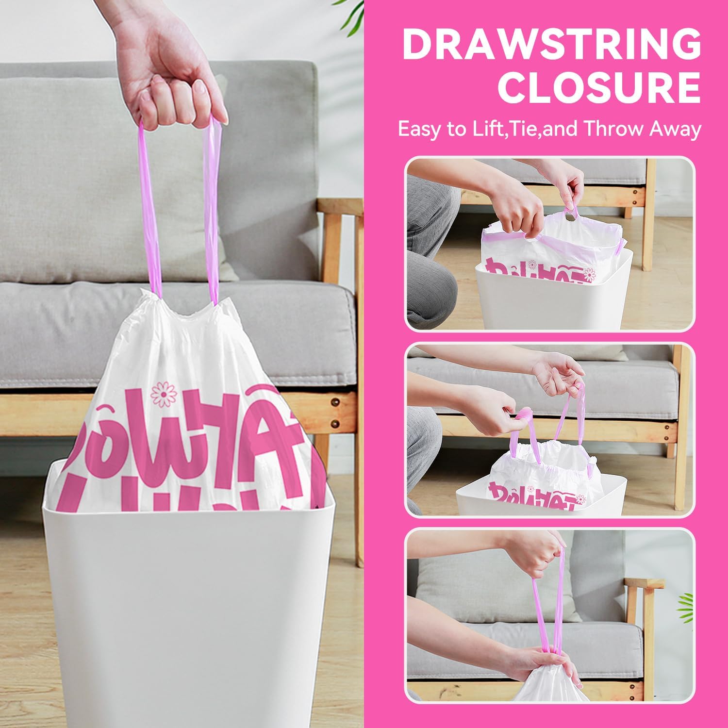 4 Gallon Trash Bags, 120 Count White Alphabet Printed Small Drawstring Garbage Bags Unscented for Toilet Home Office and Bedroom
