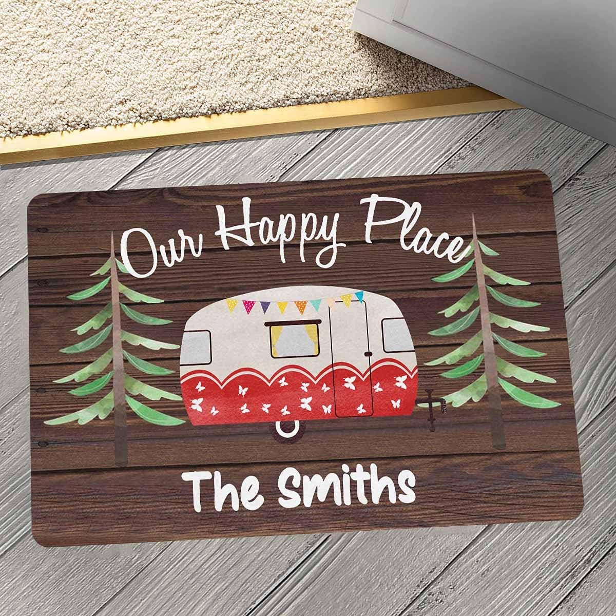 Custom Camper Doormat, Personalized Camping Rv Door Mats Welcome Our Happy Palce for Indoor Outdoor Entrance Floor, Funny Gifts Campsite Rugs Outside Decor (24 X 16 inches)