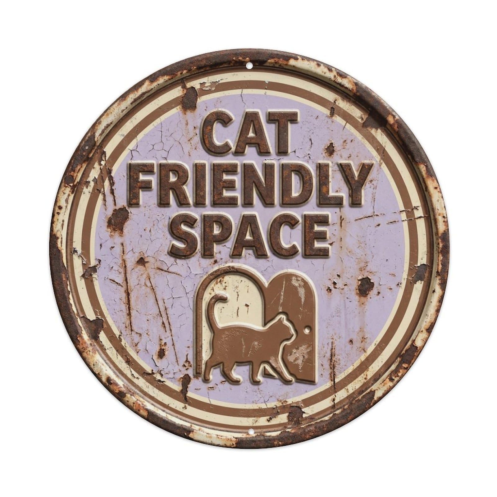 Vintage Cat Friendly Space Purr Metal Tin Sign Plaque Wall Decor for Cafe, Club, Garden Round Metal Poster 8x8Inch