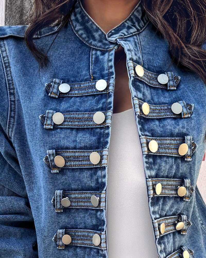 CHICME Denim Jacket for Women Button Up Stand Collar Jeans Jacket Casual Long Sleeve Lightweight Fall Coat - Image 7