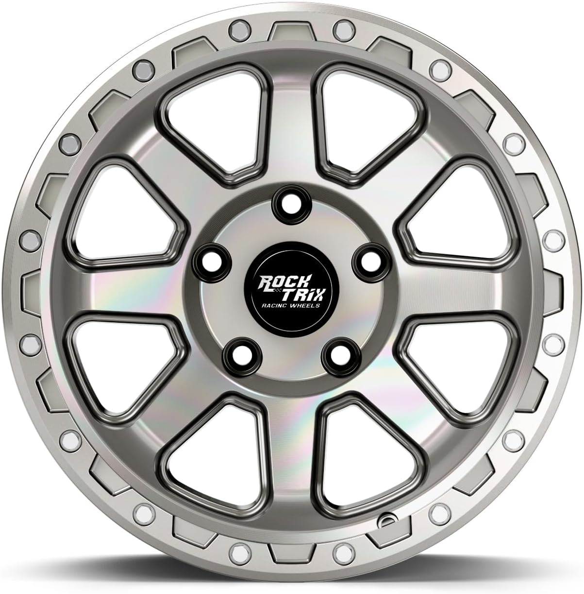 RockTrix RT116 17 inch Wheel Compatible with Jeep Wrangler JK JL 17x9 5x5 Wheels (-12mm Offset, 4.5in Backspace) 5x5 PCD, 71.5mm Bore, Silver Polished Wheels, Also fits Gladiator JT Rims