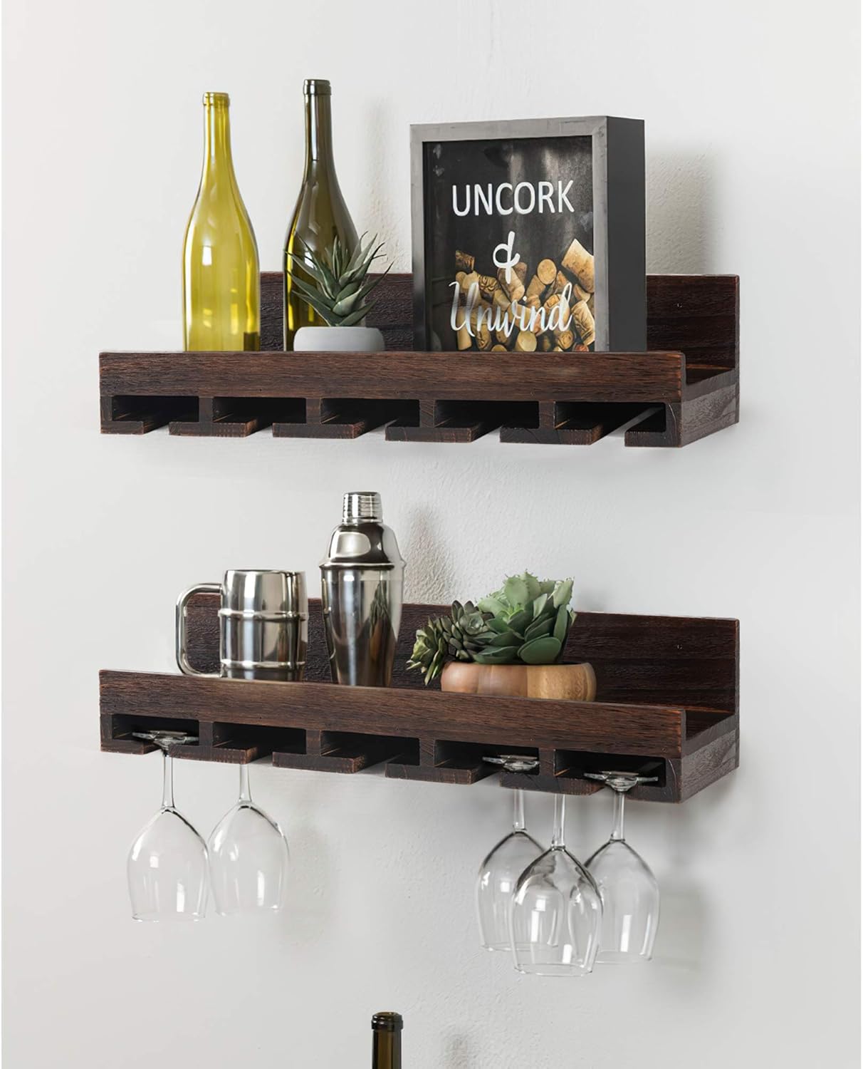 KIAYACI Wall-Mounted Wood Wine Rack 7 Bottles Wine Storage Rack 5 Long Stem Glass Holder Floating Wine Rack Brown 24 x 7.4 x 6 inches