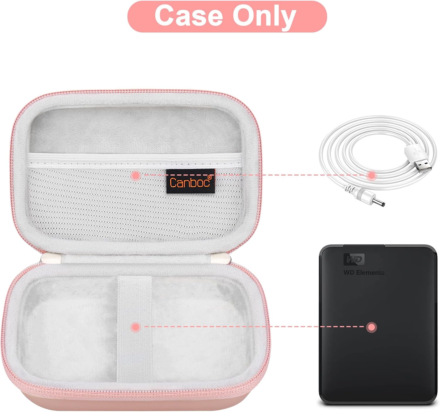 Canboc Hard Drive Carrying Case for Western Digital Elements WD My Passport Canvio Basics Seagate Backup Plus Slim 1TB 2TB 3TB 4TB, External Hard Drive Case, Mesh Bag fits USB Cable, Rose Gold