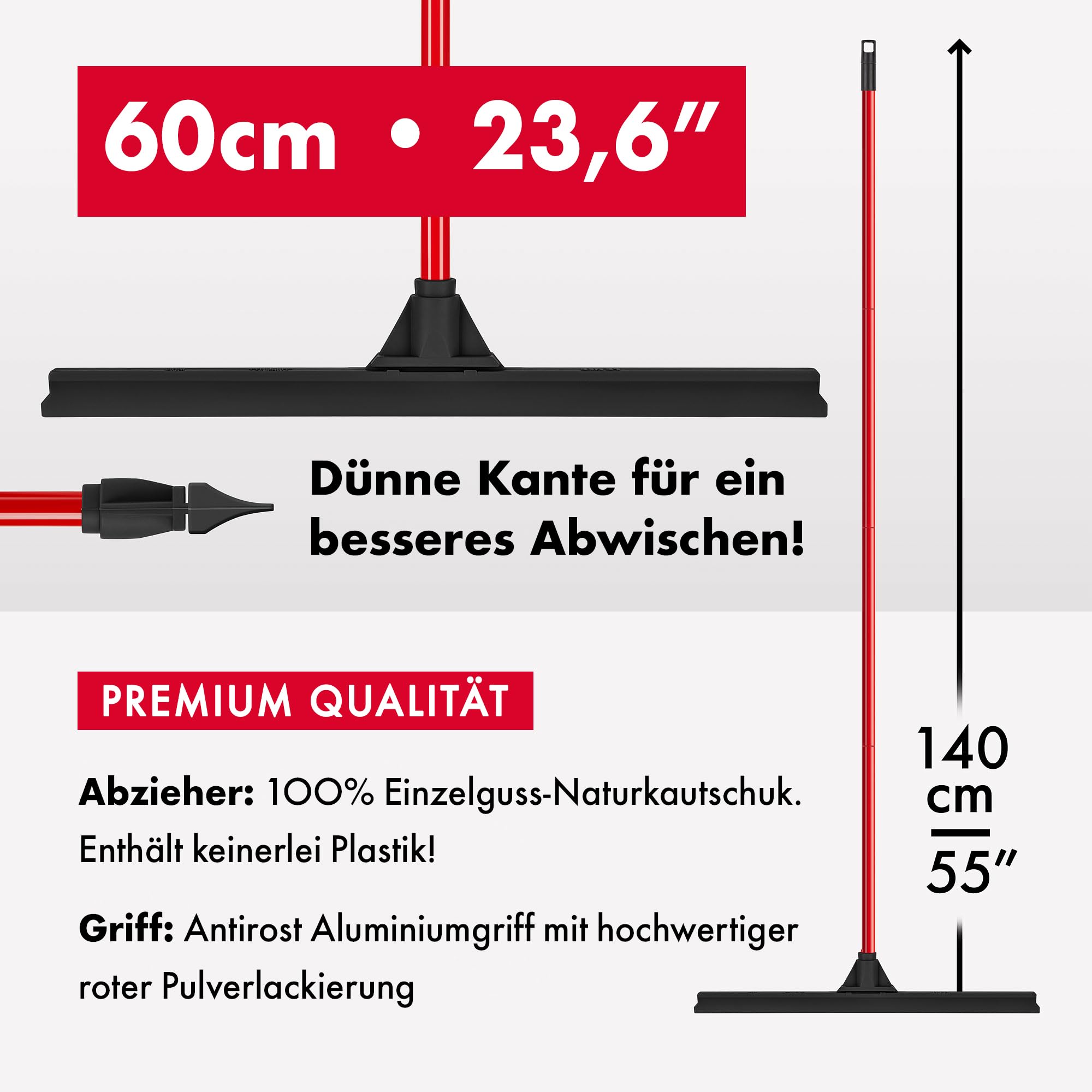 Tyroler Wasserschieber Bodenabzieher 60cm Gummi-Lippe mit Abzieher Boden | Wasserschieber mit Stiel 4-teiligem Griff 140cm | Wasserabzieher Boden geeignet für alle Oberflächen, Abzieher Dusche Boden