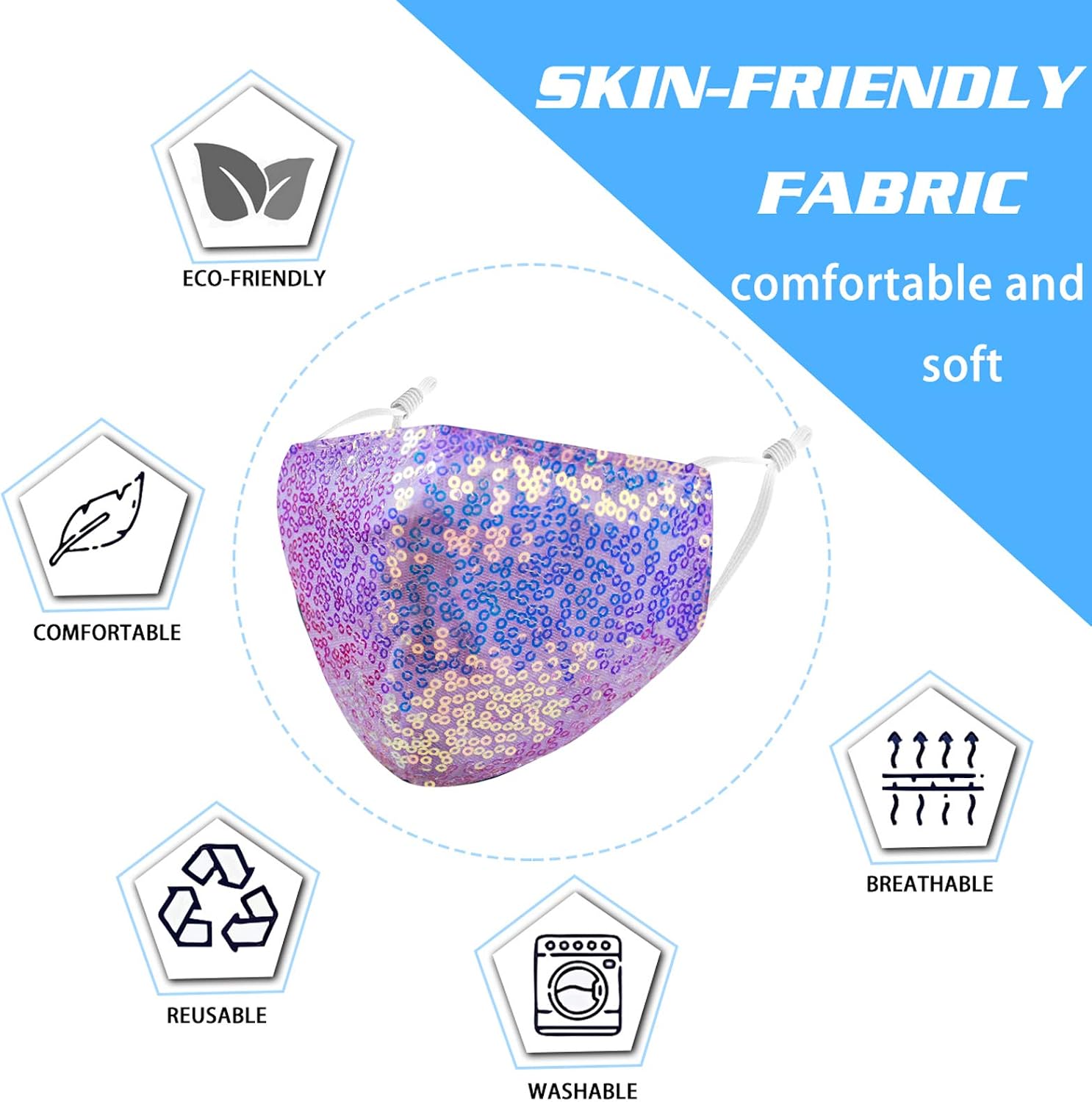 Kids Reusable Face Mask with Adjustable Ear Loops, Sequin Washable Breathable Layer Mask Cover, Soft Fabric Cute Fashion Designer Madks for Girls Boys Chirldren