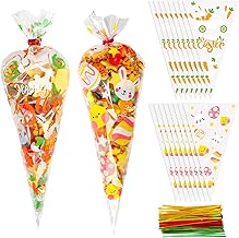 VEYLIN 100 Pieces Easter Clear Cone Treat Bags,17 x 30 CM Sweet Cone Bags with 120 Twist Ties For Easter Gift Packaging Party Favors (Style 2)
