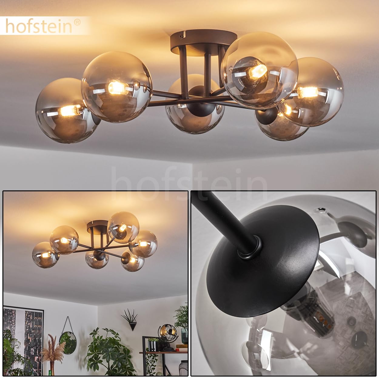 Hofstein Plafoniera Chehalis, lampada da soffitto in metallo/vetro nero/fumé, illuminazione in stile moderno retrò/vintage con paralumi in vetro (Ø 12 cm), 6 x G9