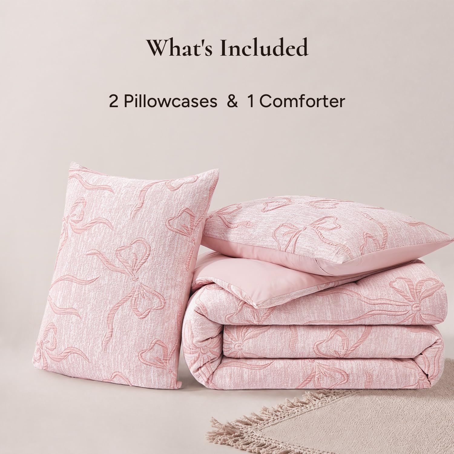 Andency Cal King Pink Bow Comforter Set, Boho Tufted Bedding Set for Girl