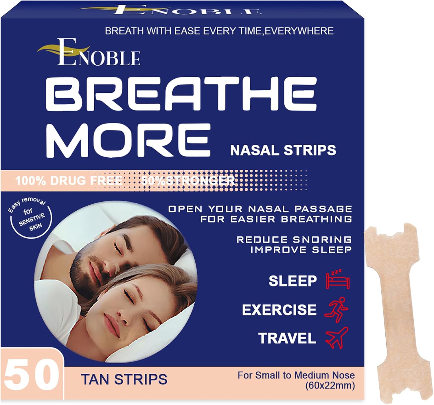 Breathe More Extra Strength Clear Nasal Strips for Snoring Relief & Easy Breathing | 50 Ct |Standard Fit | Latex-Free, Drug-Free | Strong Adhesion | Sensitive Skin | Cold & Allergy Congestion Relief