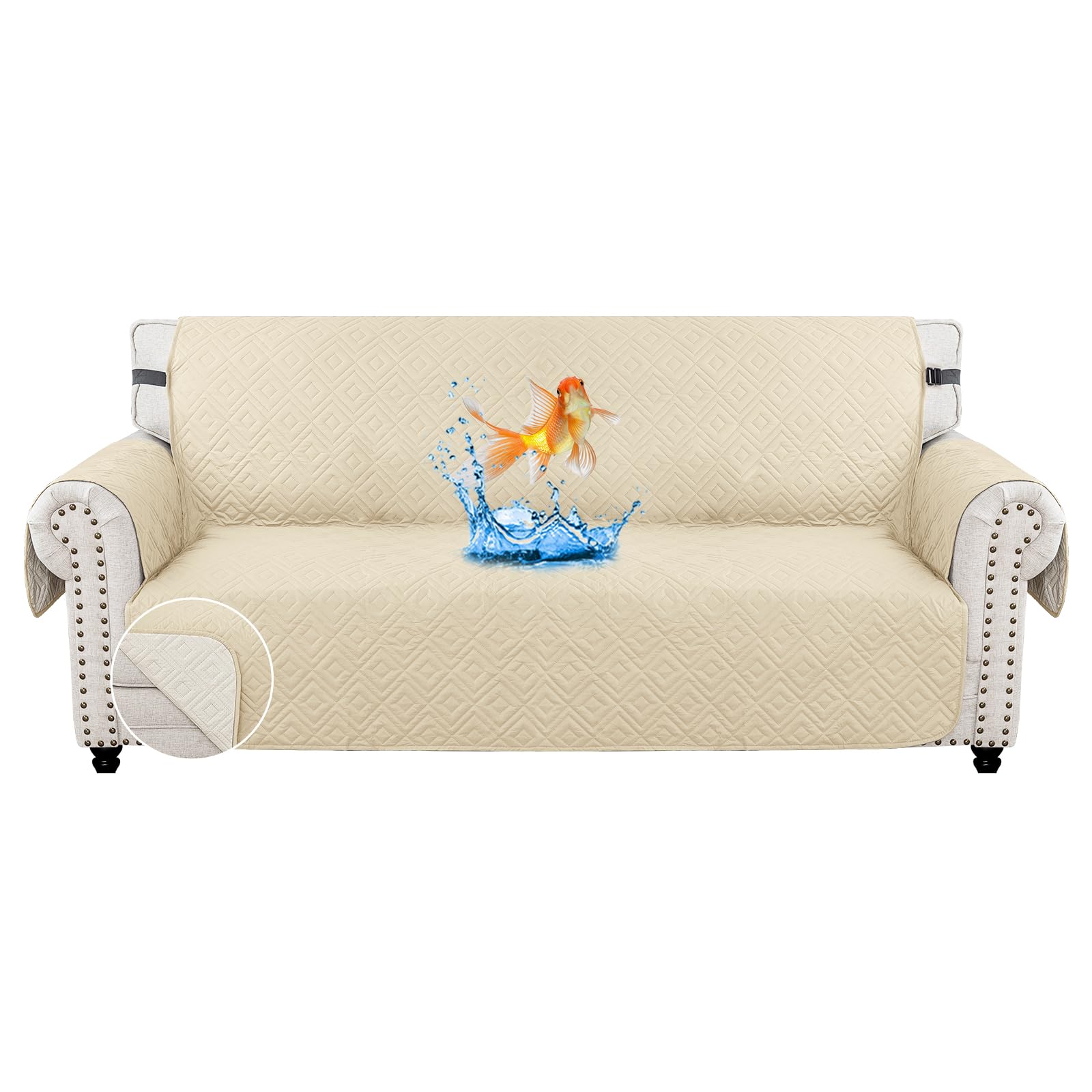 MAXIJIN Sofa Covers Waterproof Sofa Slipcovers Non-Slip 3 Seater Sofa Protectors with Elastic Straps Reversible Universal Couch Covers for Dogs, Pets, kids (Beige, 3 Seater)