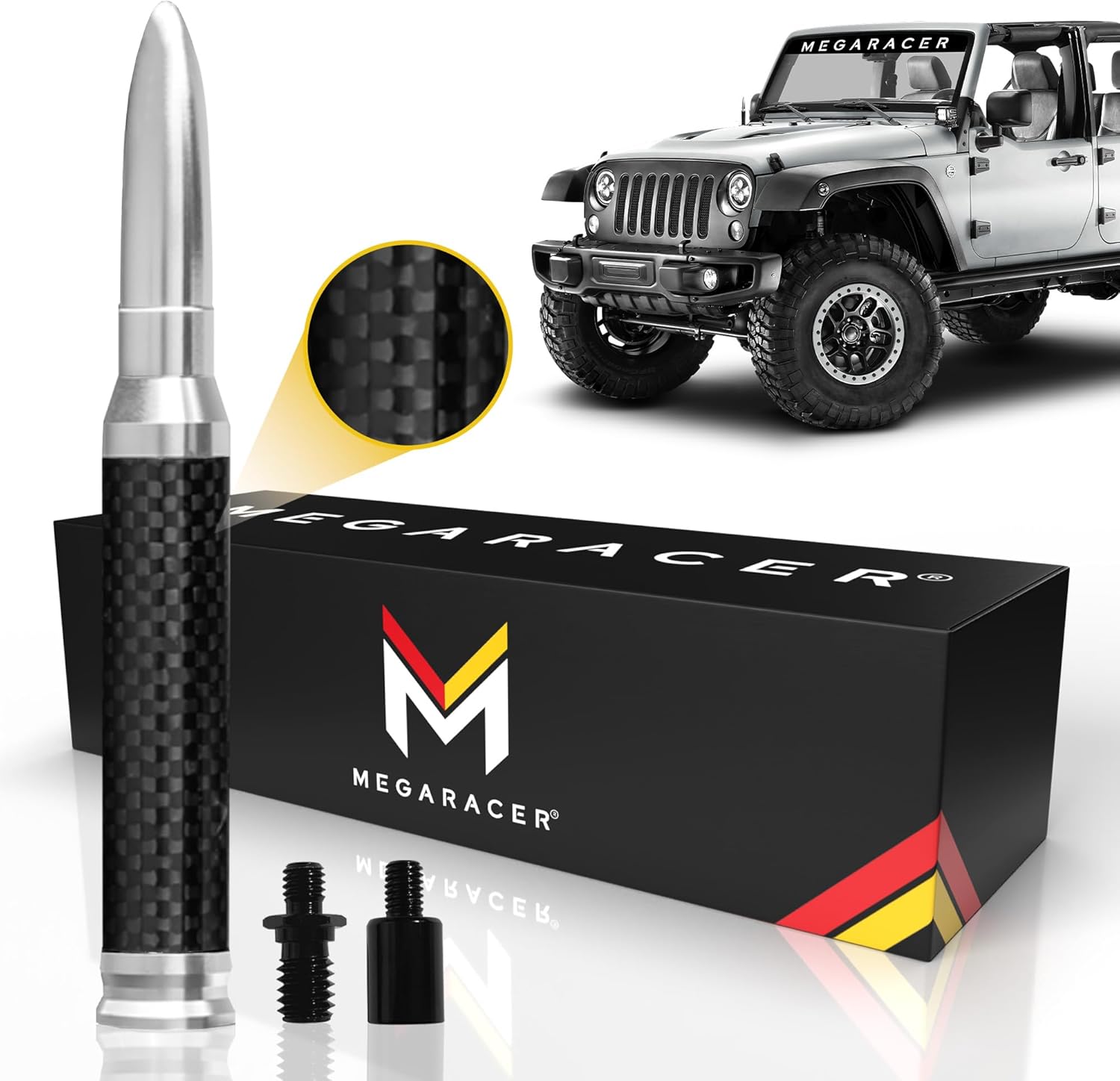 Silver Carbon Fiber 50 Cal Bullet Antenna for Jeep Wrangler Gladiator 2007-2024 | Jeep Wrangler JK JKU JL JLU | Gladiator JT | Short Truck Antenna | for Truck Accessories Replacement SUV | 5.5 Inch