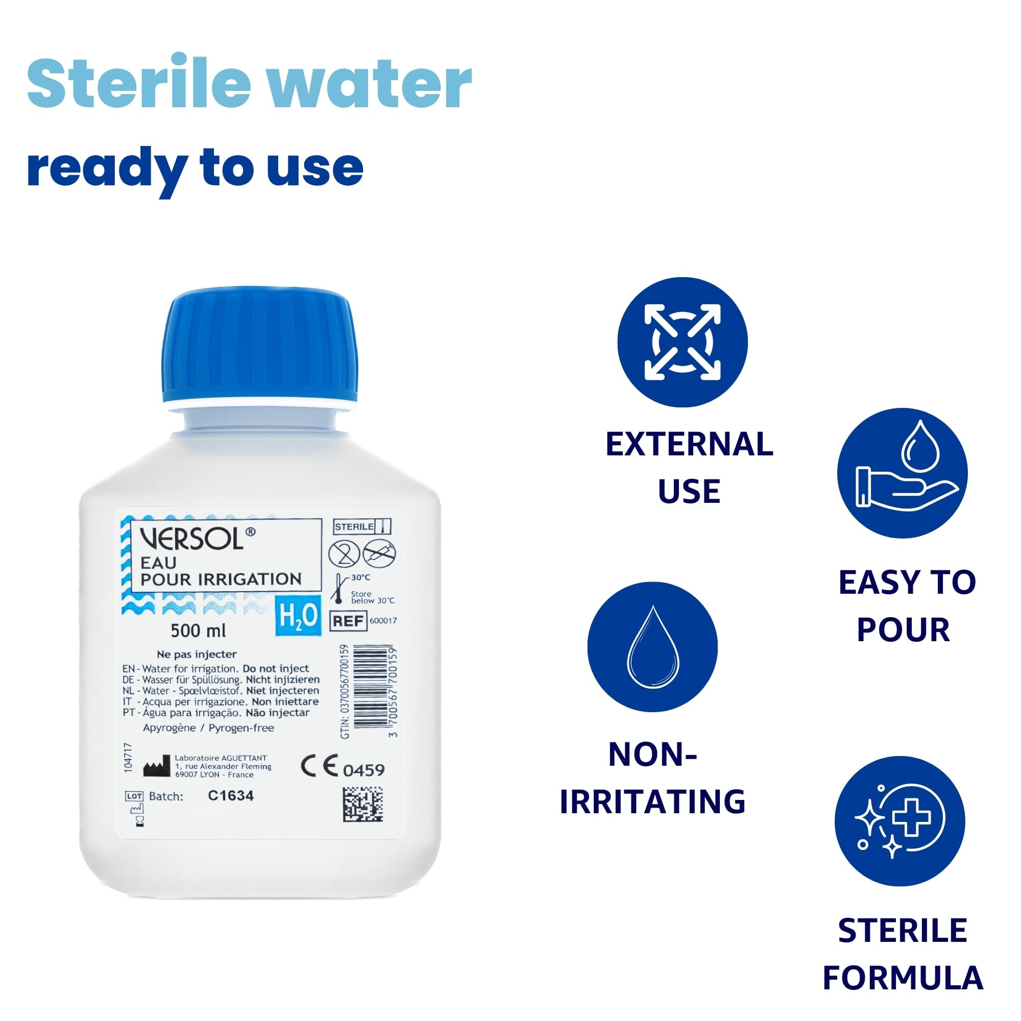 9 X 500 ml - VERSOL Steriles Wasser zur Spülung – Gereinigtes Wasser H₂O – Sterile, pyrogenfreie Lösung zur Wundreinigung, Hautpflege, Kontaktlinsenbehälter-Spülung, tägliche äußere Hygiene