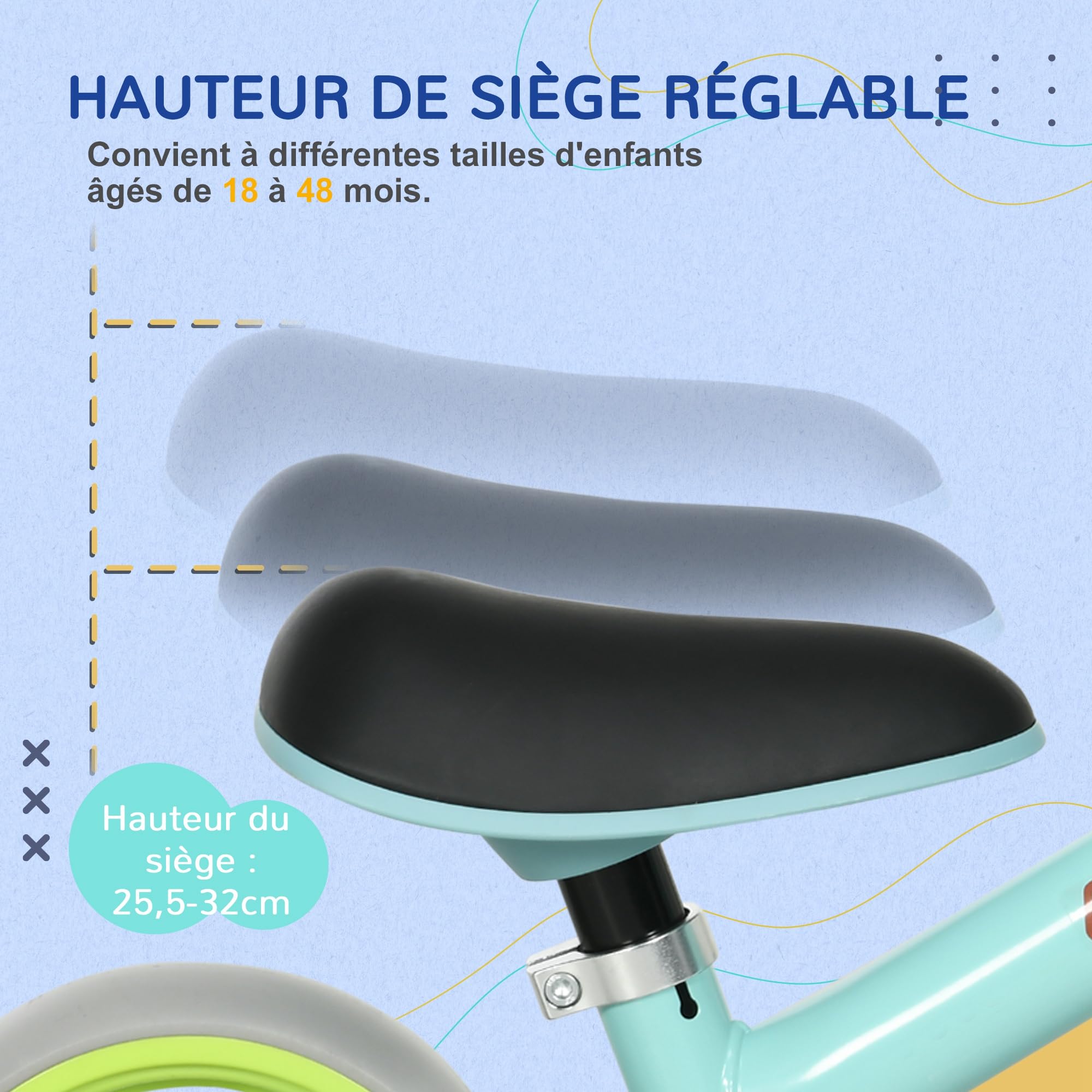 AIYAPLAY Vélo d'équilibre bébé draisienne siège réglable Roues EVA 18-48 Mois 25 kg