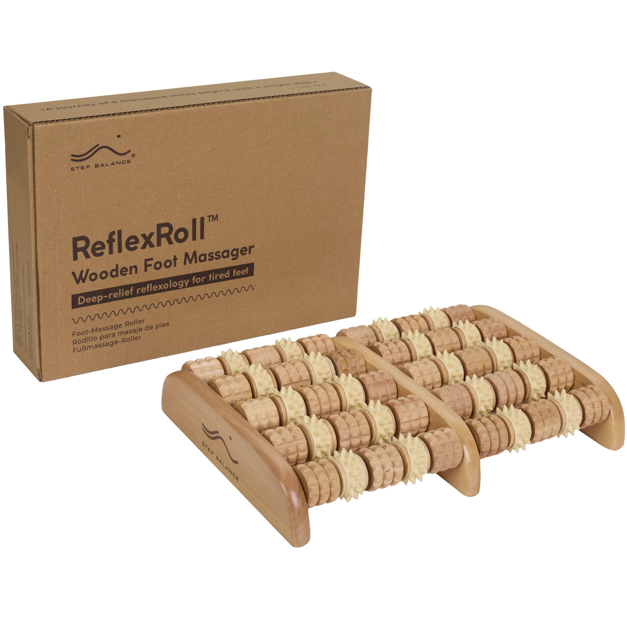 ReflexRoll - Rodillo Masajeador para Pies de Madera - 50 Rodillos Doble Textura - ReflexologÃa Plantar Digitopresión Shiatsu - Fascitis Plantar Pies Cansados Estrés - 29 cm Unisex