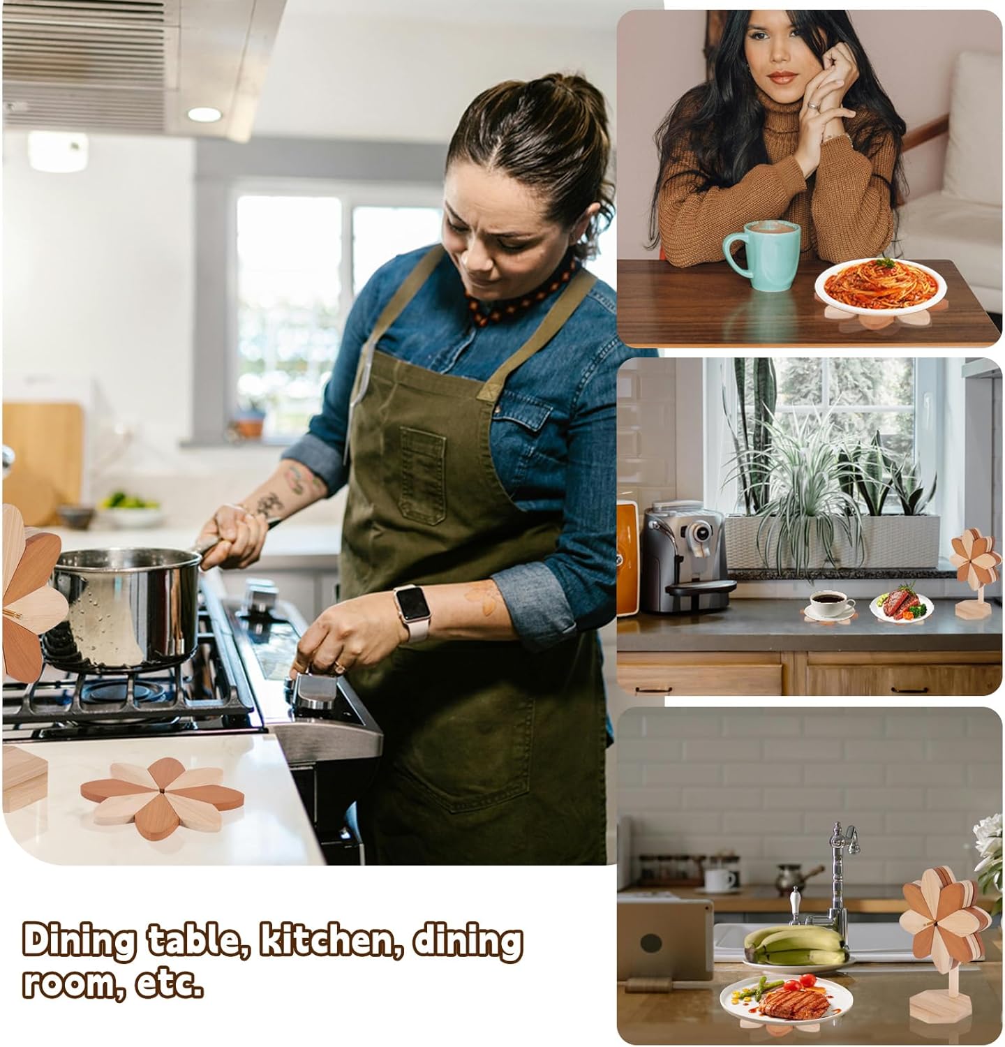 4pcs Wooden Trivets for Hot Dishes, Dual-Color Heat-Resistant Tree Trivets Hot Pads for Kitchen with Stand & Pillar Wooden Kitchen Accessories