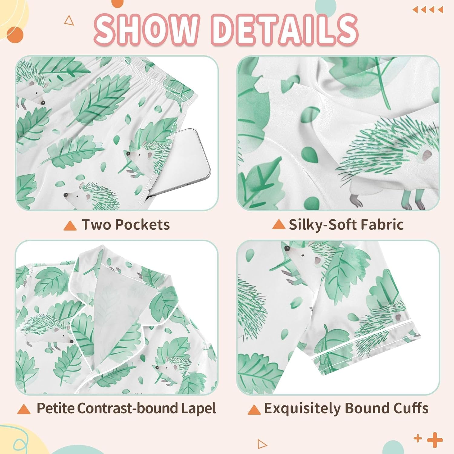 Kids Satin Wear Set Green Hedgehog Pattern Relaxed Fit Clothing Short Sleeve and Shorts