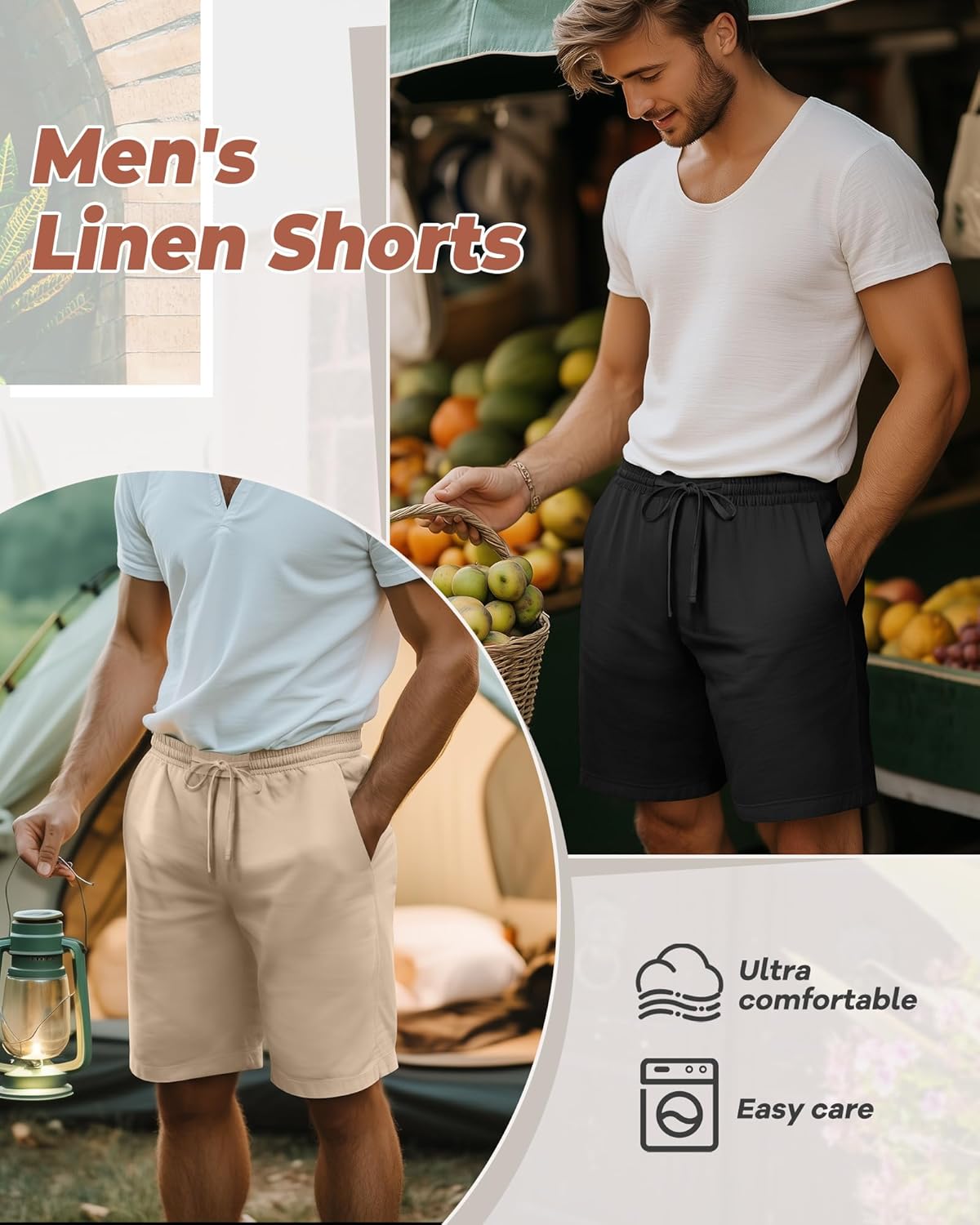 Neer 3 Pack Men's Cotton Linen Shorts Elastic Waist Drawstring Bermuda Shorts Summer Knee Length Beach Short with Pocket - Image 5