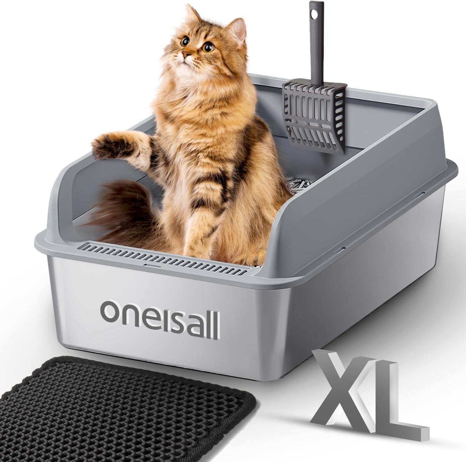 Oneisall XL Stainless Steel Cat Litter Box for Multiple Cats, MS-60 Metal Cat Litter Box with Scoop & Mat, Light Gray