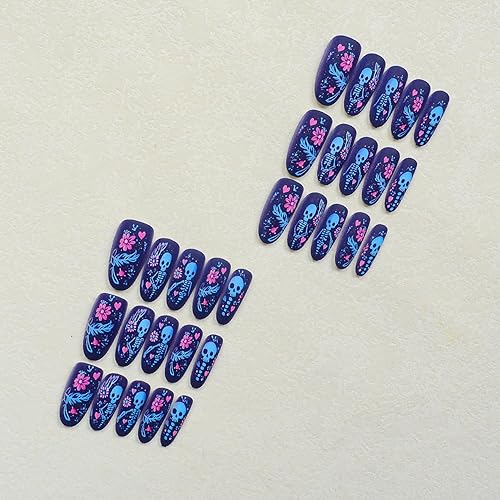 Miniatura 57 de Uñas postizas a presión de Halloween, cuadradas, medianas, con diseños de telaraña, parches coloridos, punta francesa, uñas acrílicas, uñas