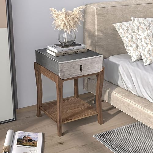 Miniatura 72 de COSIEST Mesa auxiliar redonda, mesa auxiliar de cristal con marco de madera, mesita de noche dorada champán con estilo moderno para sala de estar,