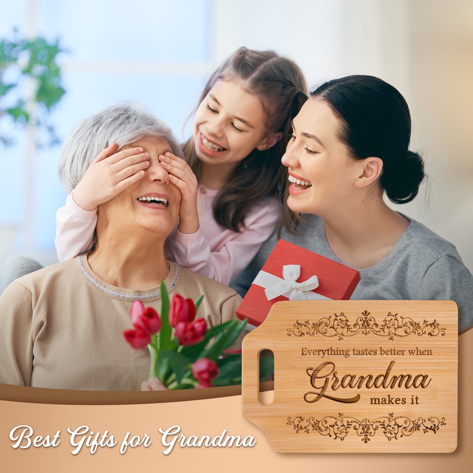 AceThrills Grandma Gifts for Grandma Birthday Gift from Grandkids - Engraved Bamboo Cutting Board 12.3"L x 8.7"W x 0.4"Th (Everything Tastes Better)