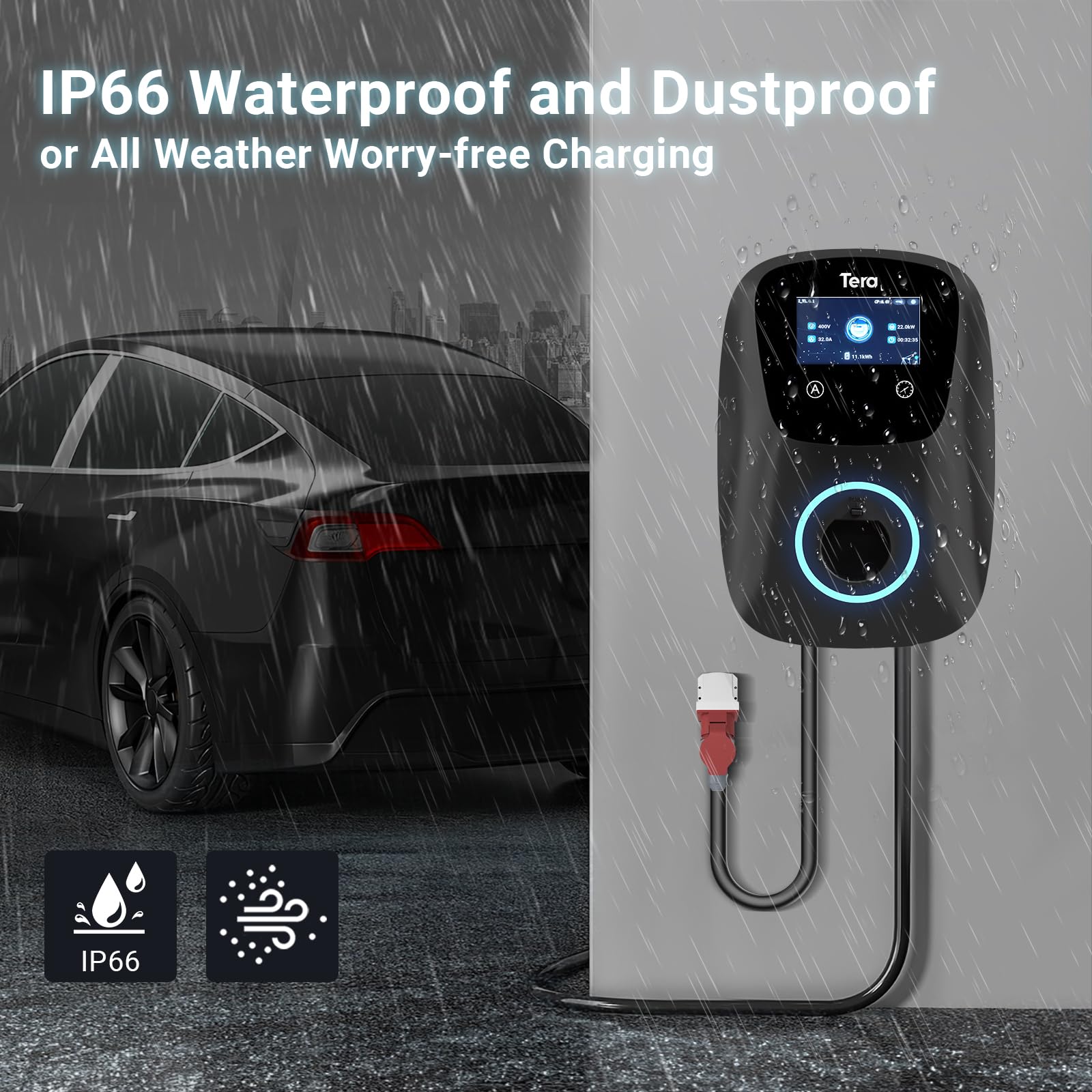 Tera Ładowarka EV z Smart App 32A Typ 2 11KW lub 22kW 400V CE i TUV Wallbox kabel do ładowania 7 metrów uchwyt ładowarki Sterowanie aplikacją&Wtyczka trójfazowa CEE - czarny W01