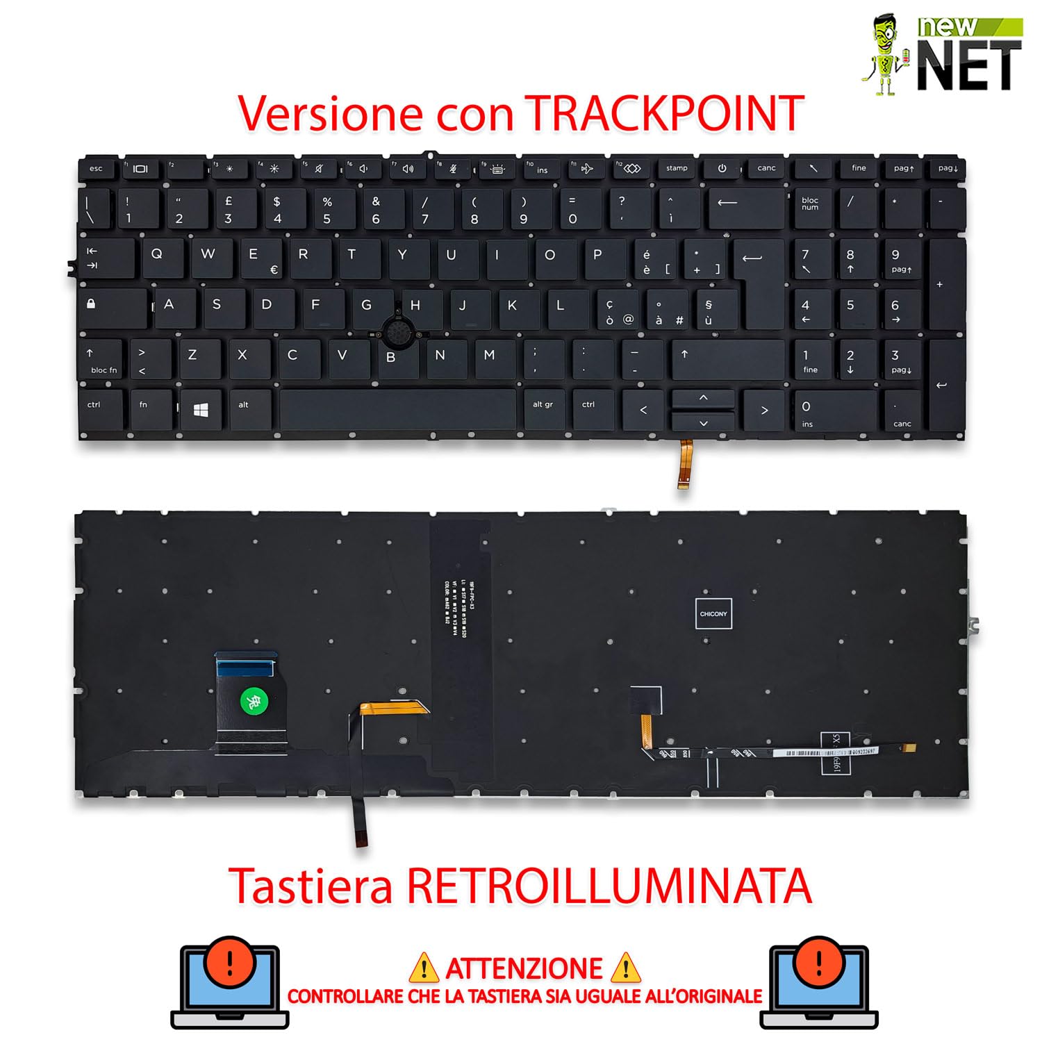 new net - Tastiera Compatibile con HP EliteBook 850 G7, 850 G8, 855 G7, 855 G8 [Senza Frame - Colore Tasti Grigio - Trackpoint - Retroilluminata - Layout ITA]