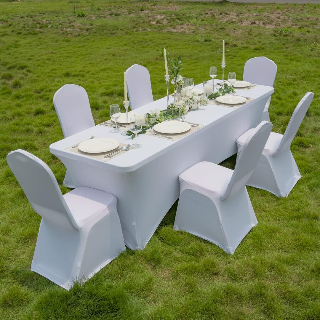 Restaurantware Table Tek 96 x 30 Inch Rectangle Table Covers 1 Washable Spandex Tablecloths - Wrinkle-Free Durable White Polyester Fitted Tablecloths for Parties Banquets or Weddings