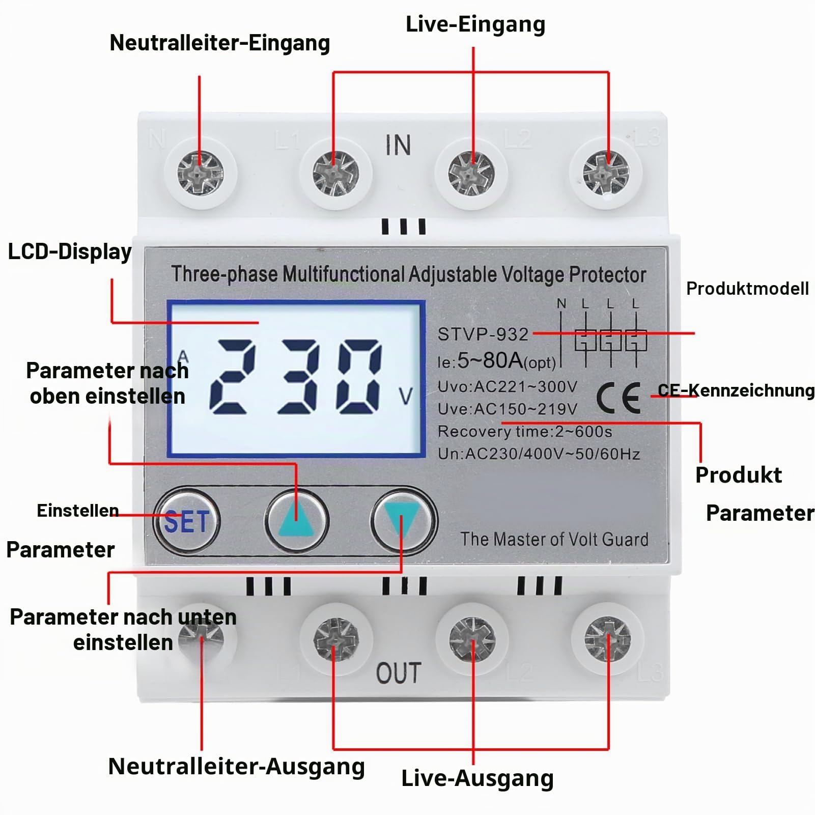 Überspannungsschutz 230V/400V AC Einstellbarer Spannungsschutz STVP-932 3-Phasen-LCD-Multifunktions Selbstrücksetz Spannungsschutz(63A)