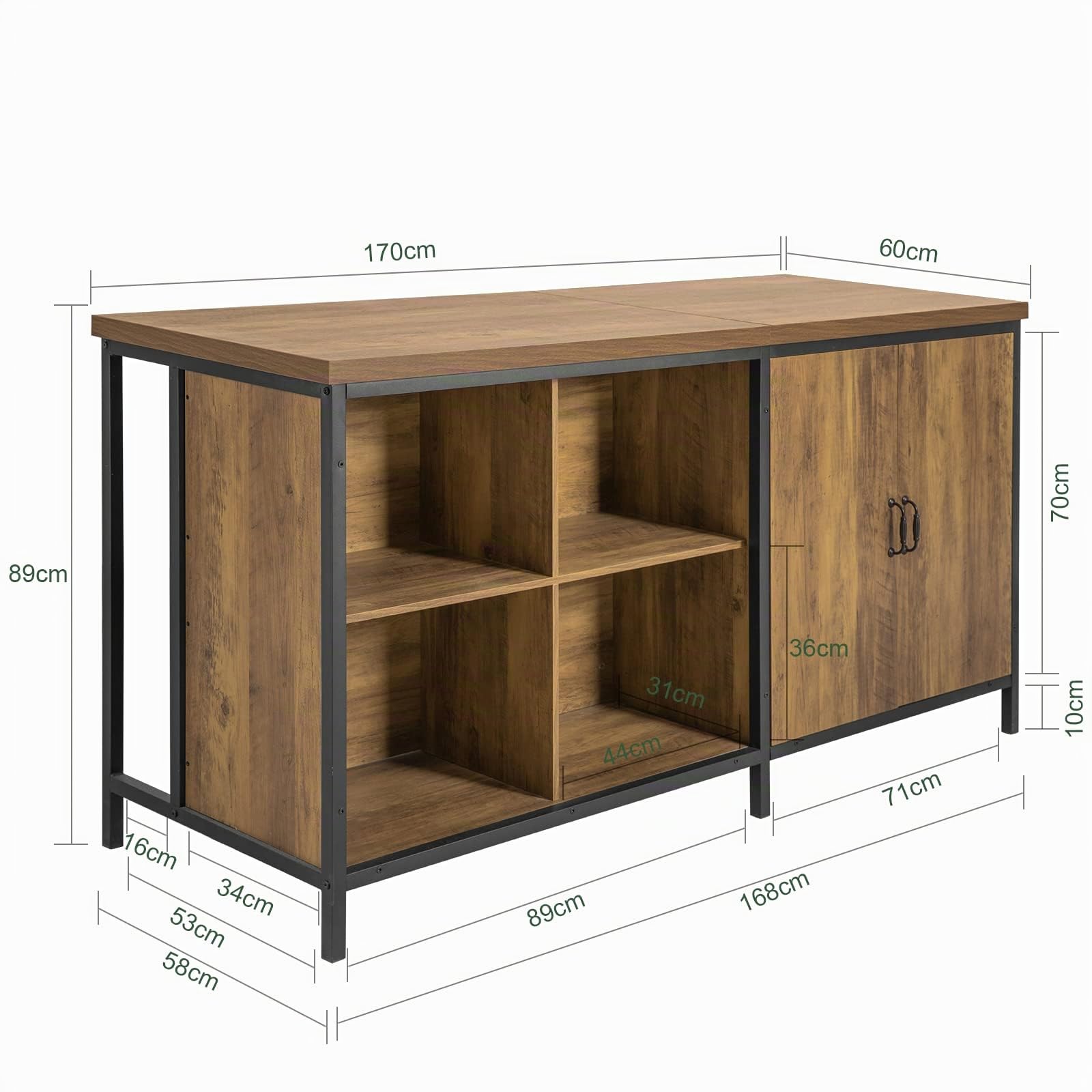 SoBuy Freistehende Kücheninsel & Küchenschrank Multifunktionale Küchenaufbewahrungseinheit, Sideboard, Buffet im Industrie-Design, Vitrinenschrank für Küche und Wohnzimmer 170x89x60 cm KNL01-F