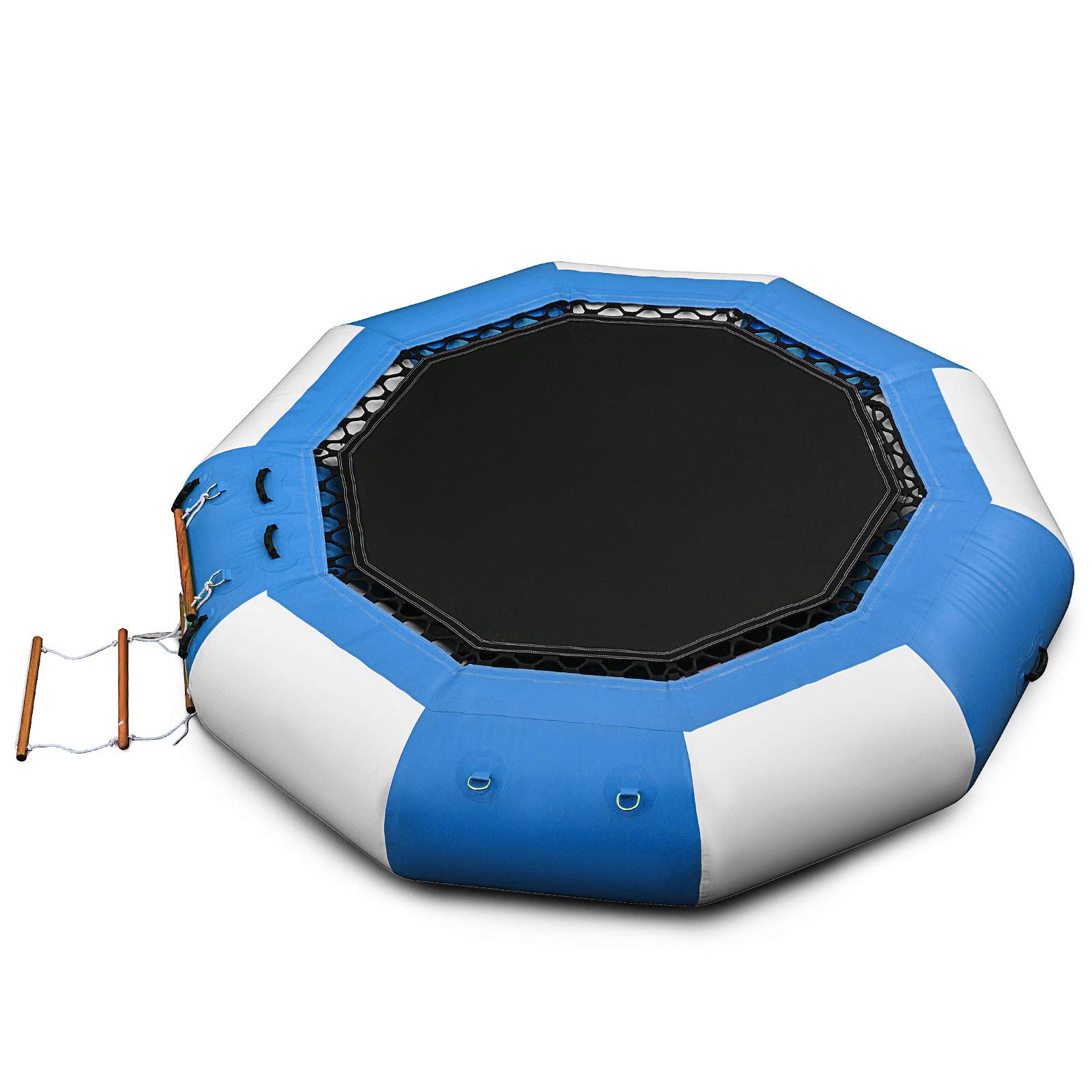 Inflatable Water Trampoline, Round Inflatable Water Bouncer with Escalator, Water Trampoline in Blue and White for Water Sports.