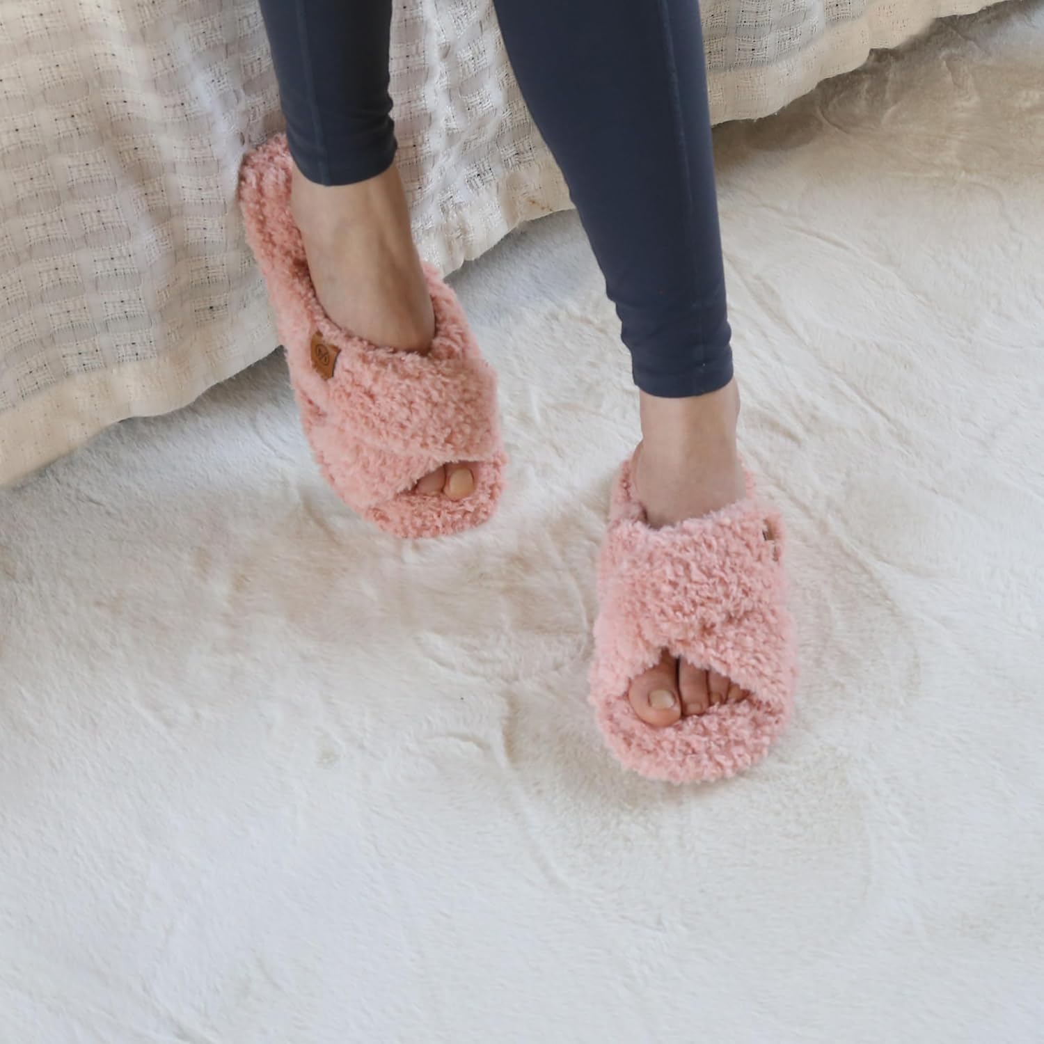 Fuzzy Memory Foam Open Toe House Slippers for Women Bedroom Cross band Slide Shoes Indoor Outdoor Sole - Image 7