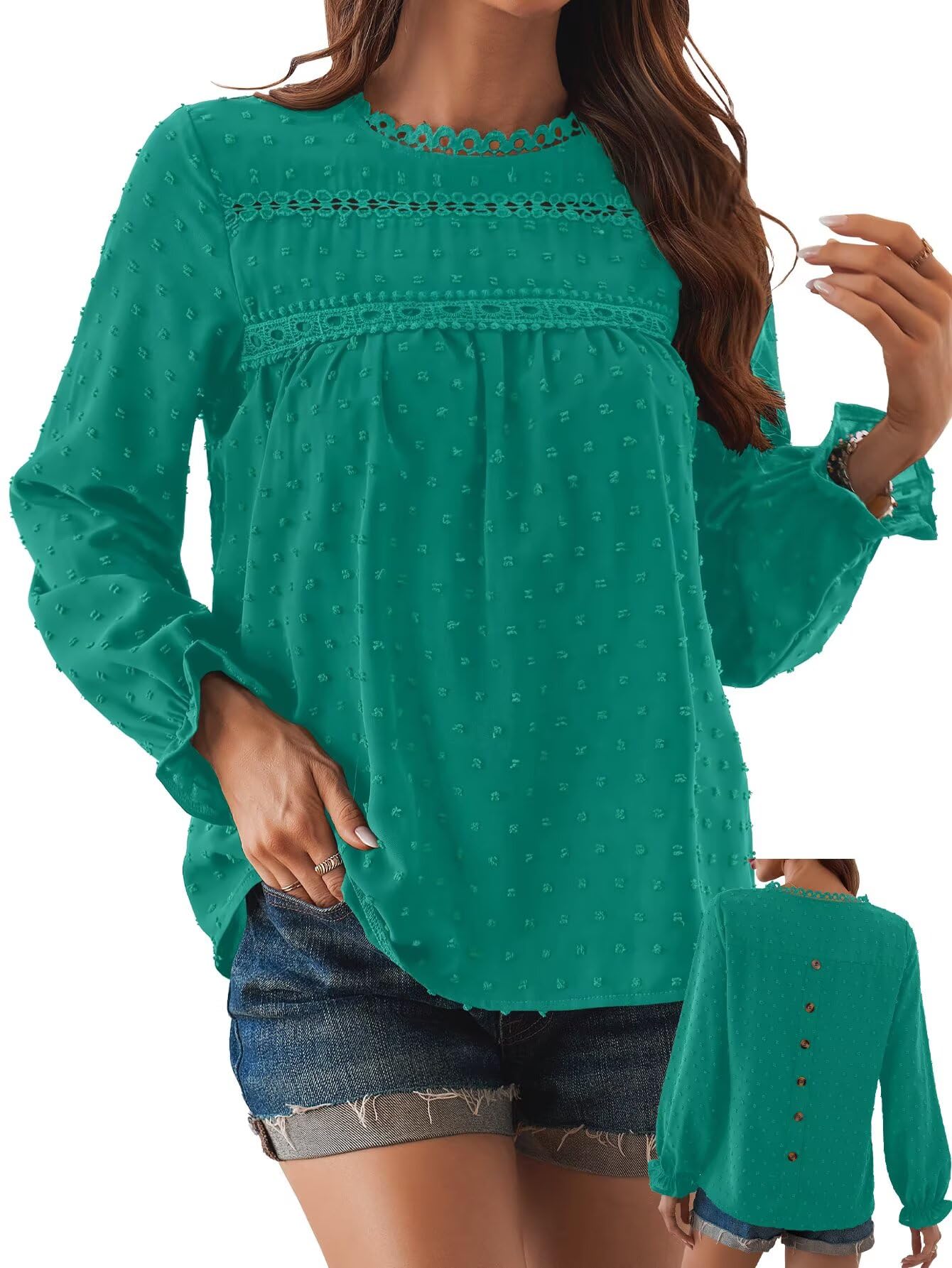 Falechay Womens Boho Tops Long Sleeve Shirts for Women Cute Crewneck Blouse Dressy Casual Swiss Dot Crochet Hollow Top 2026