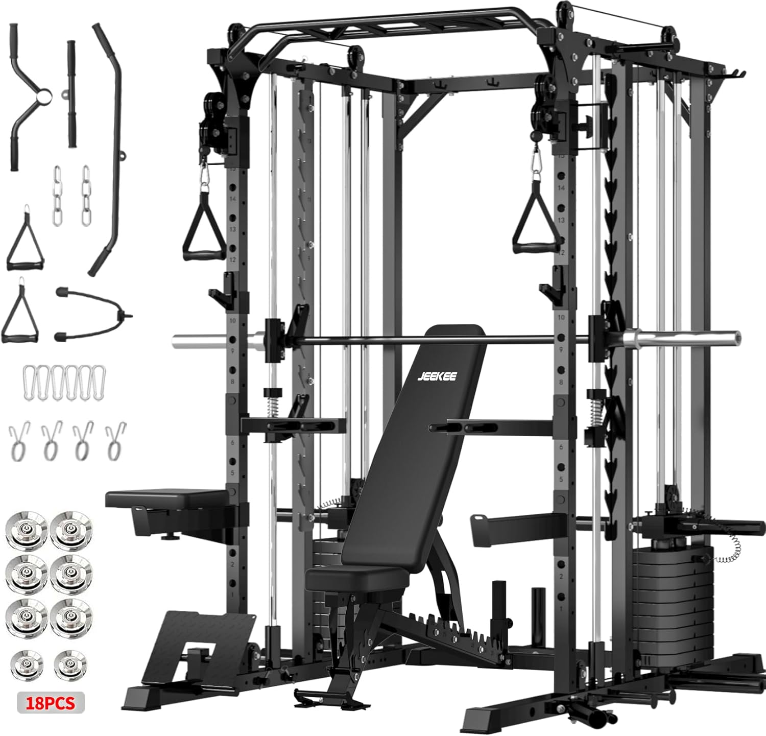 JEEKEE Power Cage with Cable Crossover System, 2200LB Heavy Duty Power Rack with Dual Pulley, 180LB Weight Stack, LAT Pulldown, 20+ Attachments for Home Gym