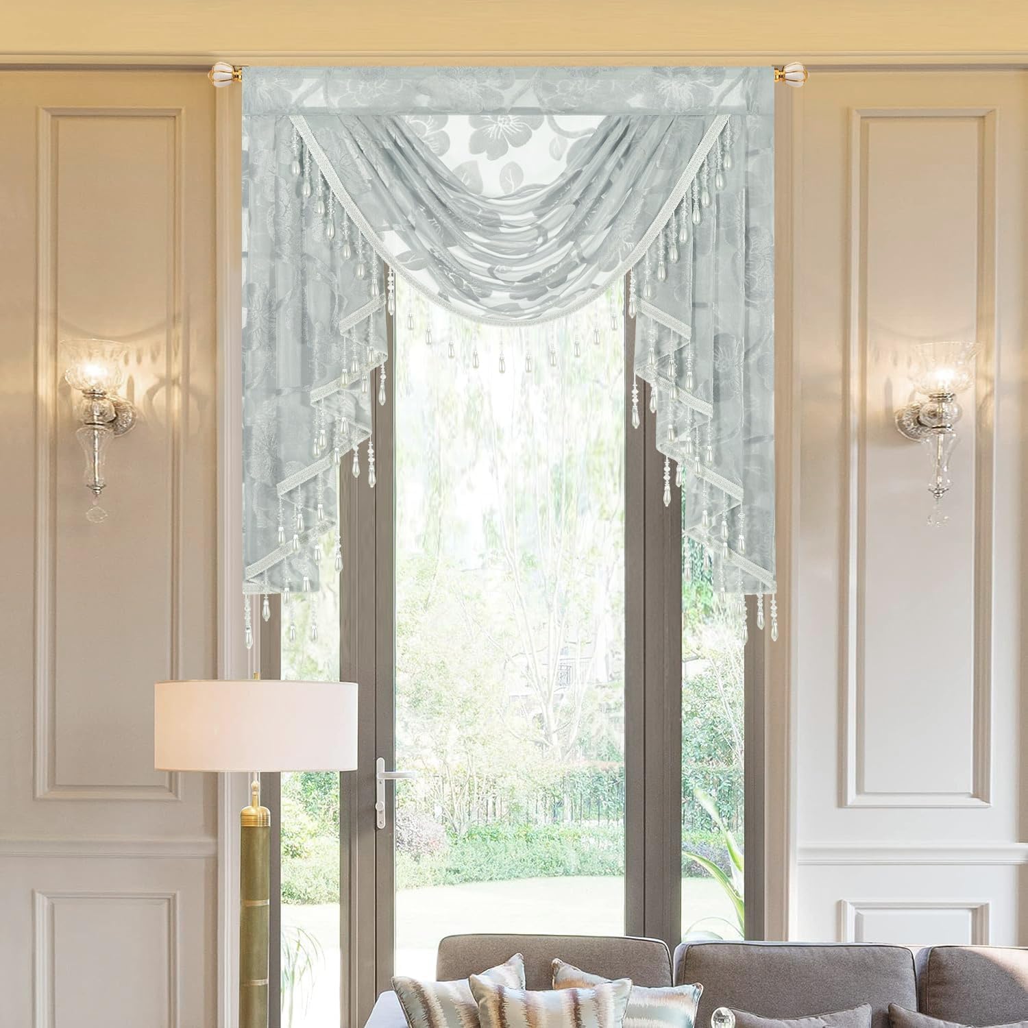 VOGOL Gray Waterfall Valance for Living Room, Elegant Floral Jacquard Swag Curtain in Sheer Voile for Bedroom or Kitchen Windows, Rod Pocket Top, 39 Inches Wide