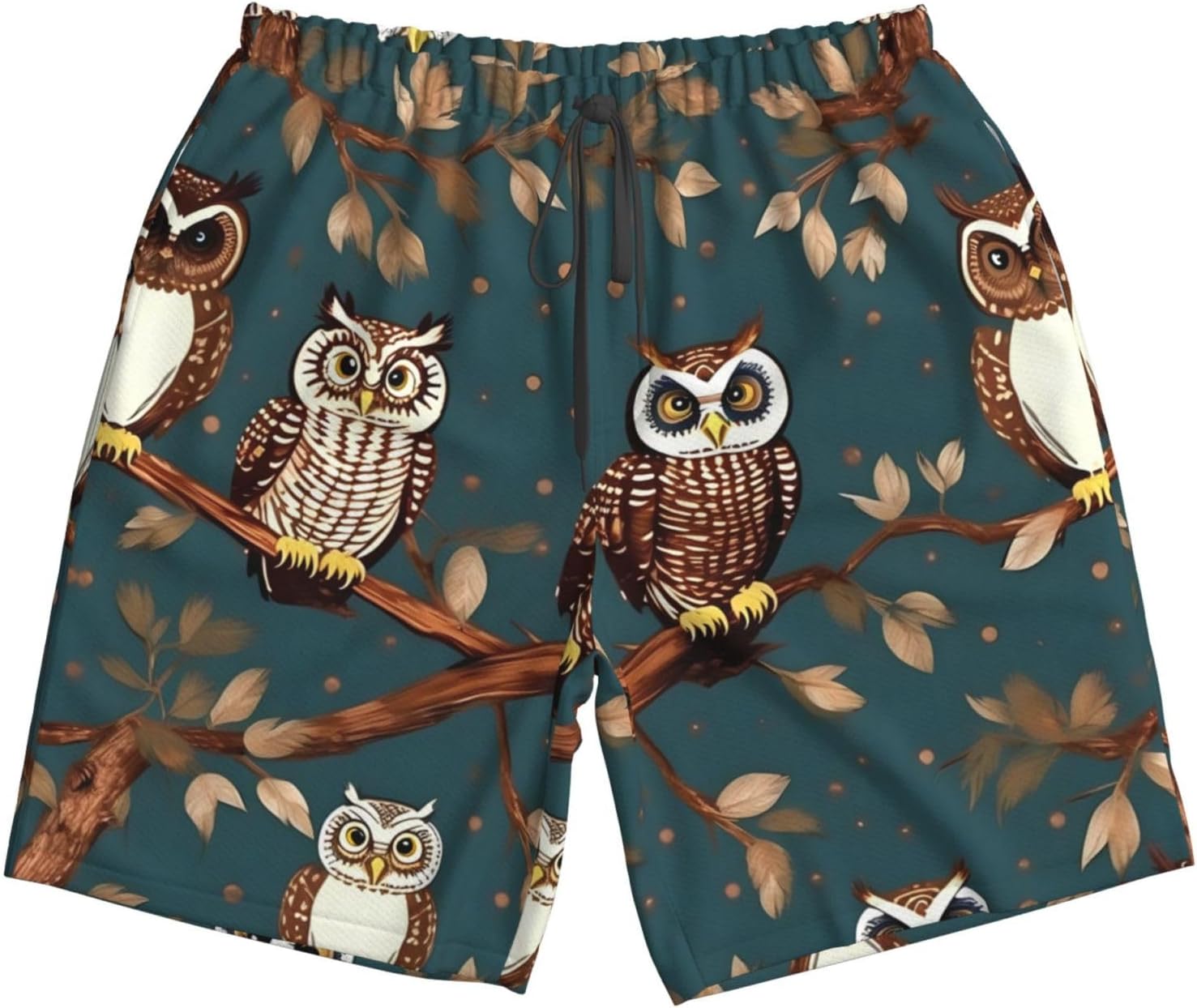 Owls on Tree Branches Print Men's Quick-Drying Shorts Casual Beach Pants Stretch Waist Shorts and Pockets