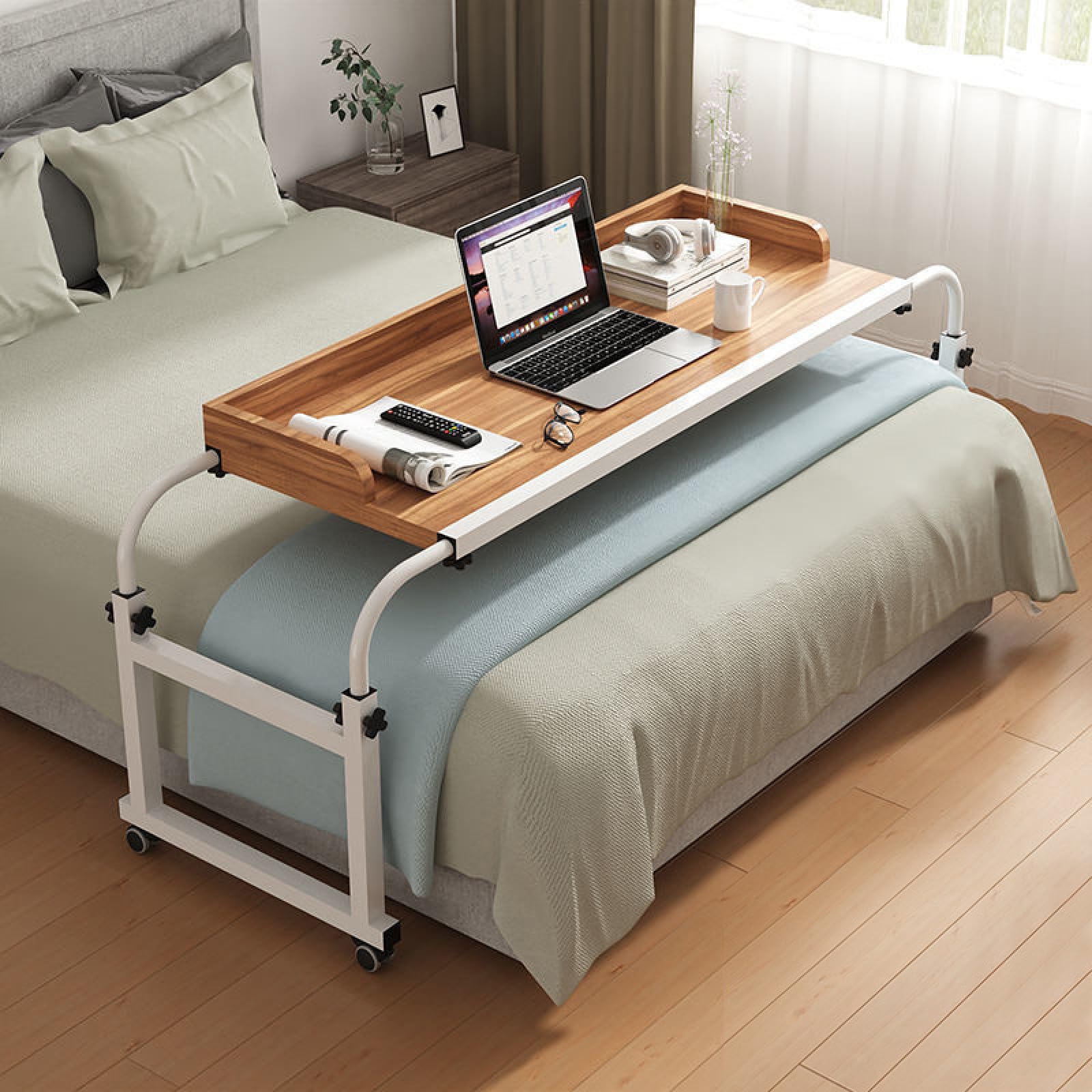Table De Lit Réglable en Hauteur avec roulettes - Table Médicale Mobile pour Ordinateur Portable, Poste De Travail pour La Maison, Le Bureau Et L'Hôpital,Chêne