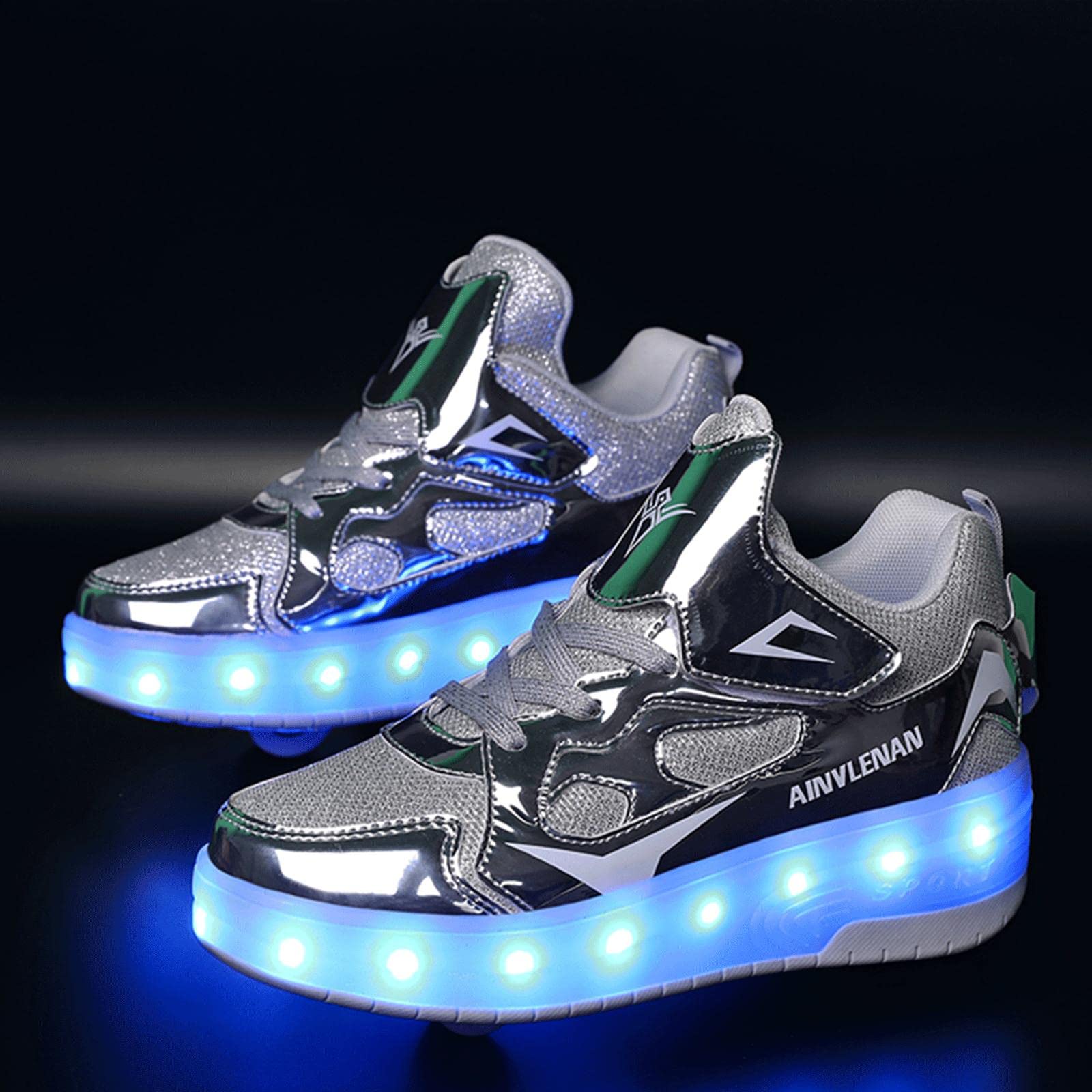 TECDOTO Zapatos de Patines Rueda Doble para Niños y Niñas Monopatín Niños Carga USB LED Intermitente Zapatos de Skate Zapatillas de Skate con Ruedas Rectas Zapatillas Skate Técnicas,Silver-30EU