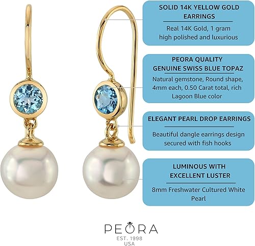 Miniatura 5 de Peora Aretes colgantes de oro amarillo de 14 quilates, perlas blancas cultivadas en agua dulce de 0.315 in y topacio azul suizo genuino para mujer,