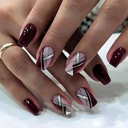 QQPPOLIU Uñas postizas cuadradas medianas de color rojo oscuro, uñas postizas a presión, uñas postizas para niñas, con patrón geométrico con QQPPOLIU Uñas postizas cuadradas medianas de color rojo oscuro, uñas postizas a presión, uñas postizas para niñas, con patrón geométrico con