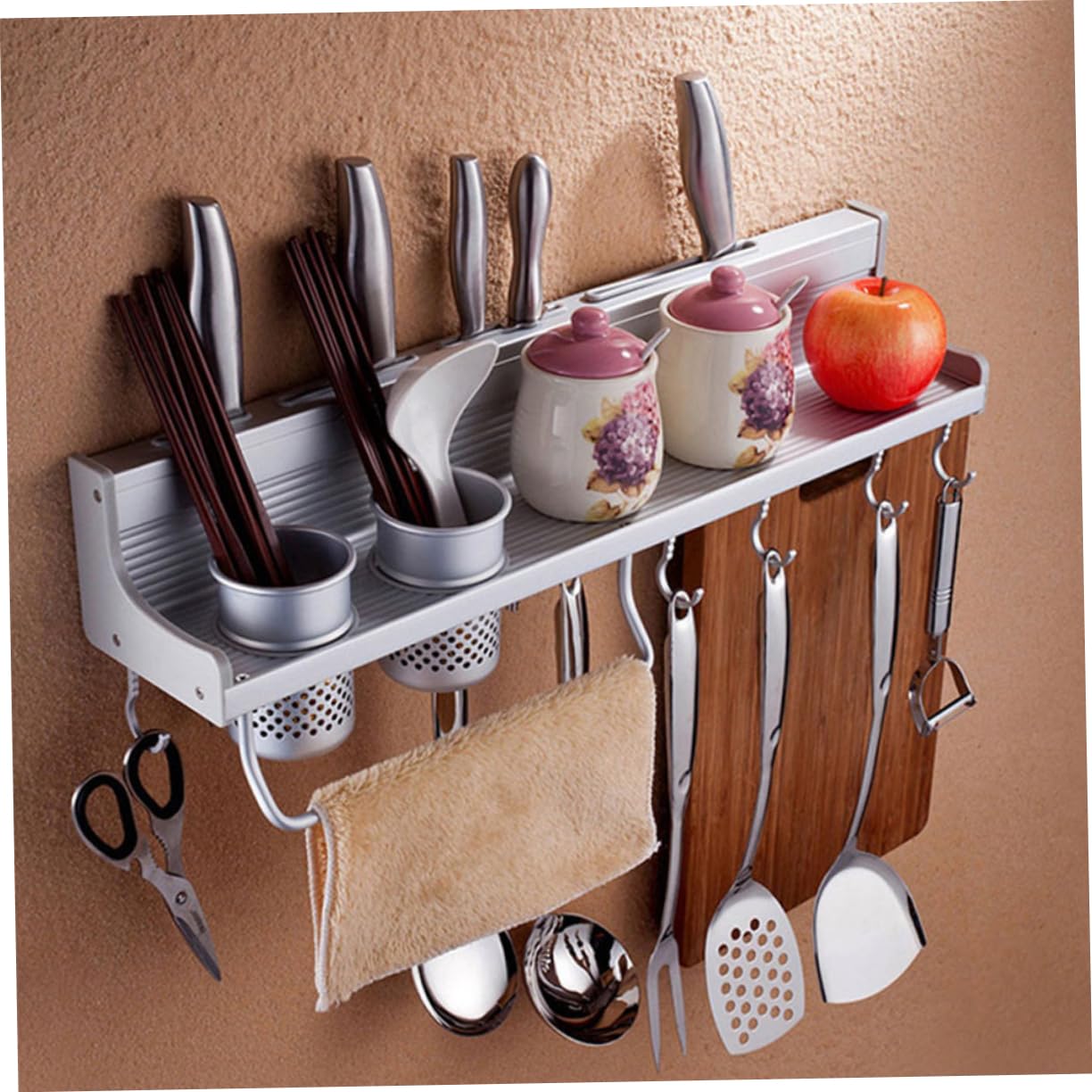 OUNONA Wall-mount Gewürzregal Aus Aluminium Küchen Organizer Für Töpfe Pfannen Und Utensilien Mit Haken Und Aufbewahrungstassen Platzsparend Für Küche Restaurant Und Hotel